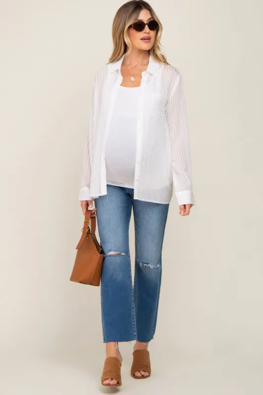 White Textured Stripe Collared Button-Down Long Sleeve Maternity Top sold by Pinkblush