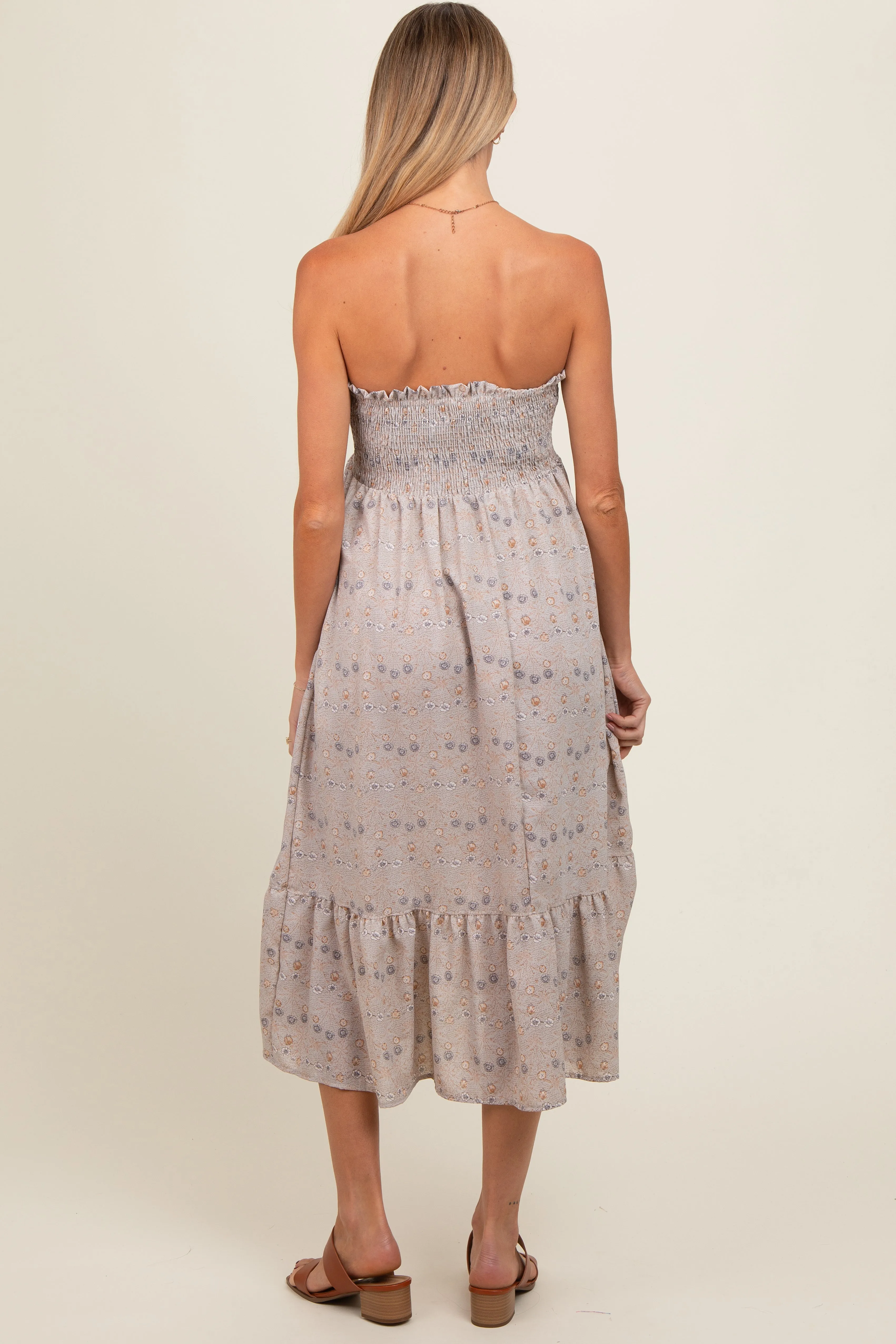 Grey Floral Print Smocked Bodice Tube Top Maternity Midi Dress sold by Pinkblush product image thumbnail 3