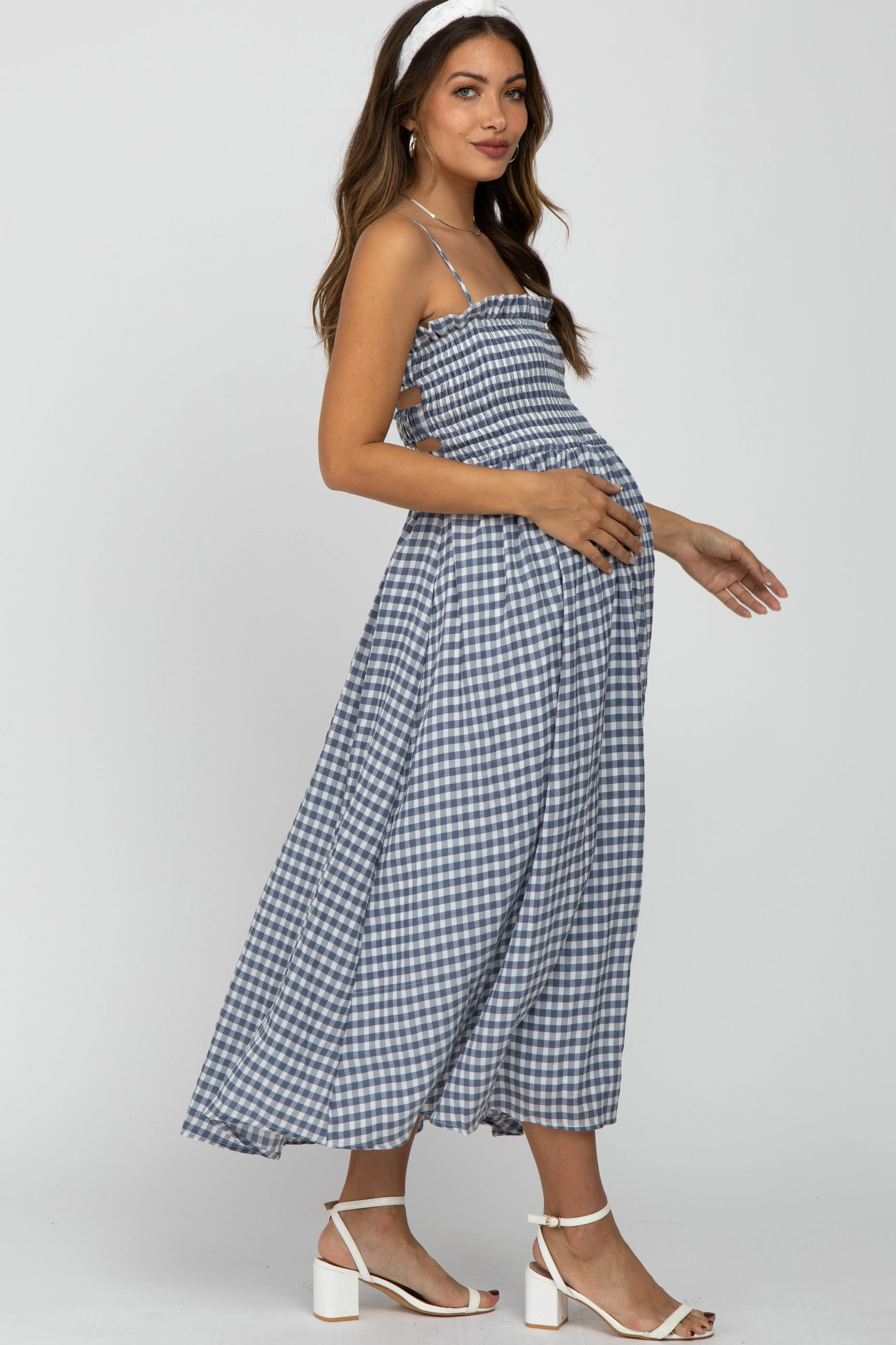 Navy Blue Checkered Square Neck Smocked Maternity Midi Dress sold by Pinkblush