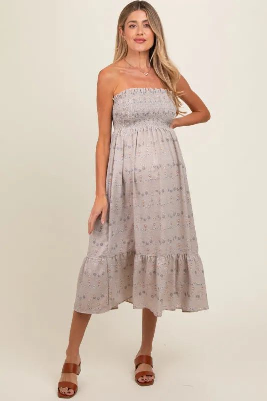 Grey Floral Print Smocked Bodice Tube Top Maternity Midi Dress sold by Pinkblush