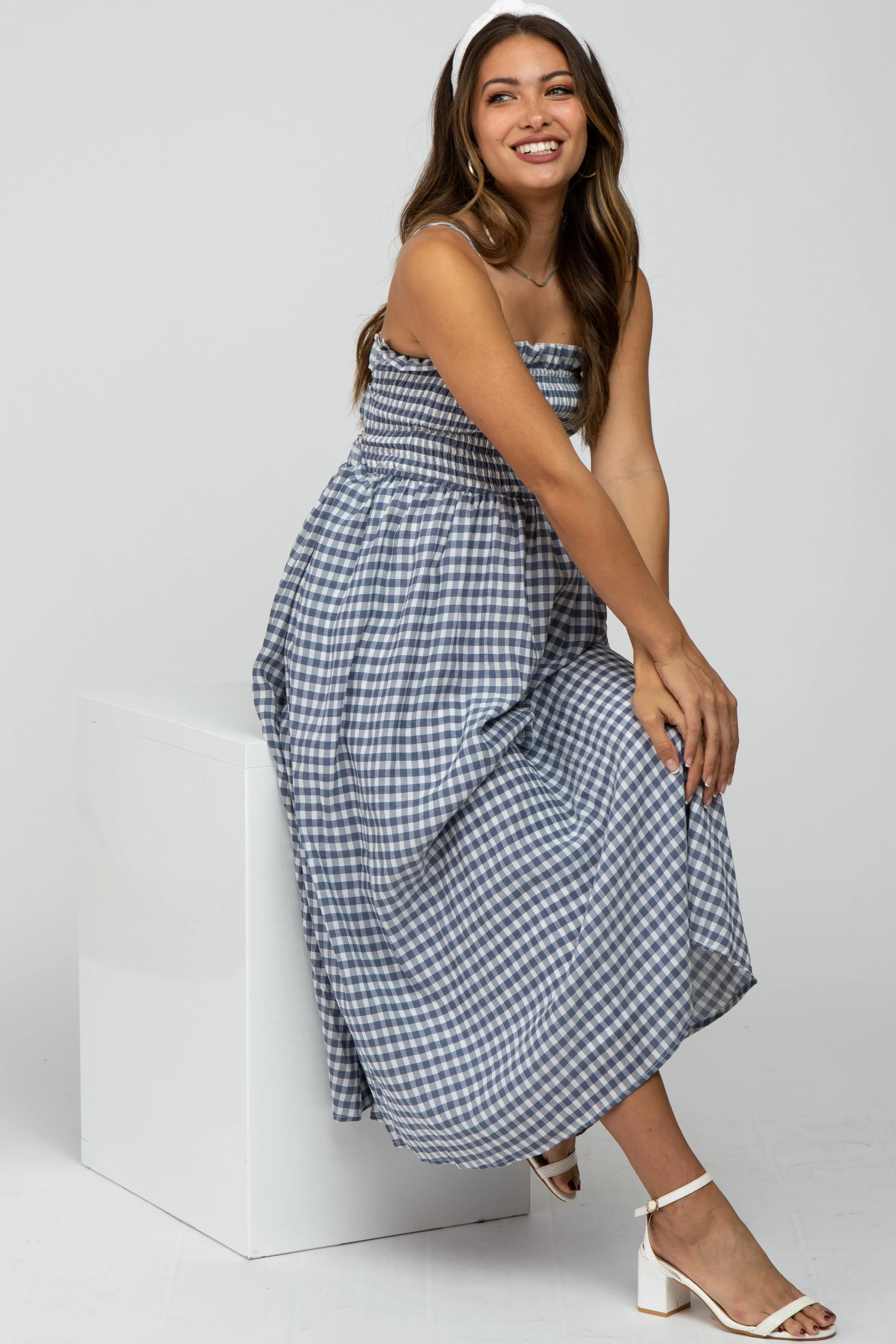 Navy Blue Checkered Square Neck Smocked Maternity Midi Dress sold by Pinkblush product image thumbnail 2