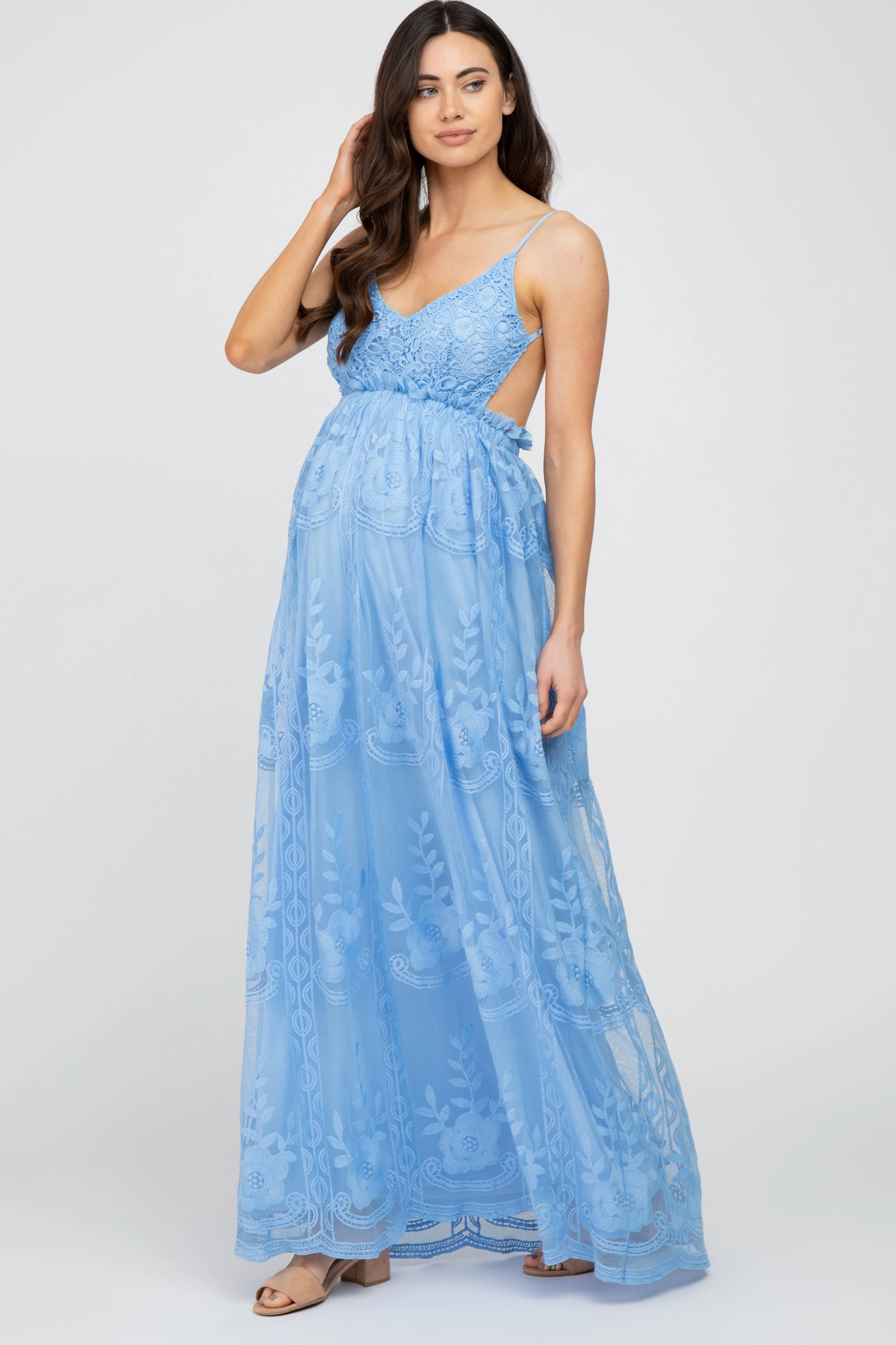 Blue Crochet Lace Open Back Maternity Maxi Dress sold by Pinkblush product image thumbnail 2