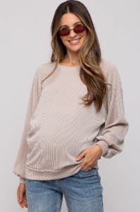 Cream Ribbed Maternity Pullover Top sold by Pinkblush