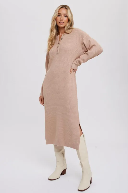 Taupe Waffle Knit Button Long Sleeve Midi Dress sold by Pinkblush