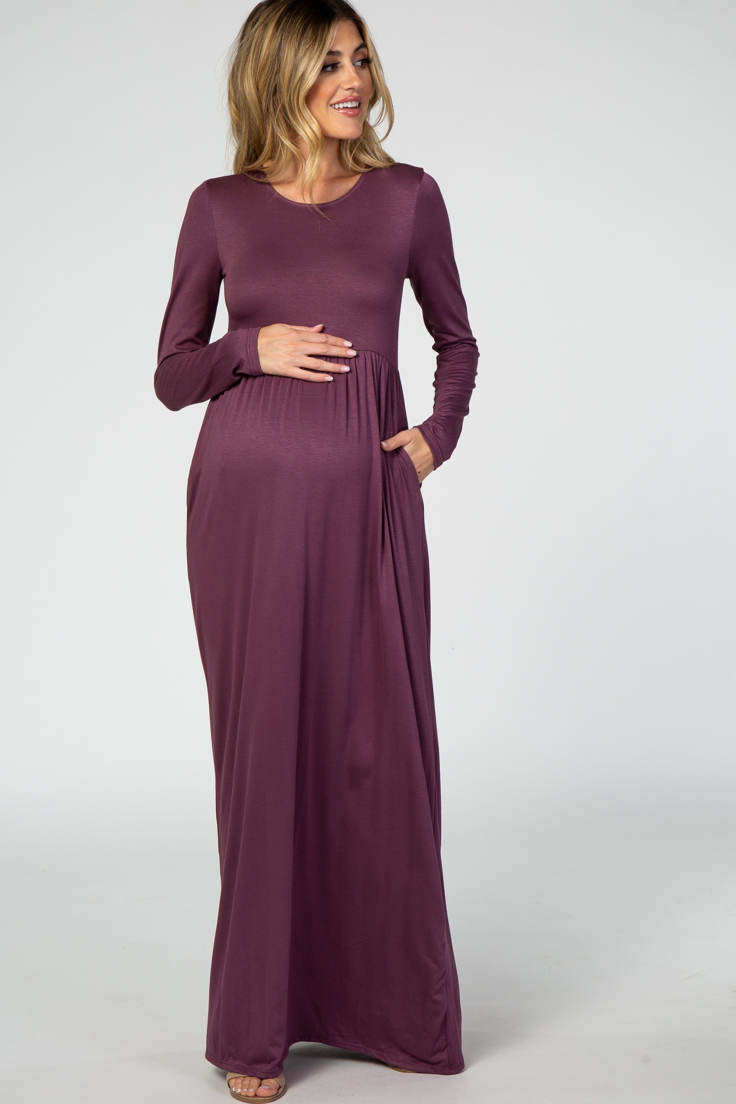 Purple Long Sleeve Maternity Maxi Dress sold by Pinkblush