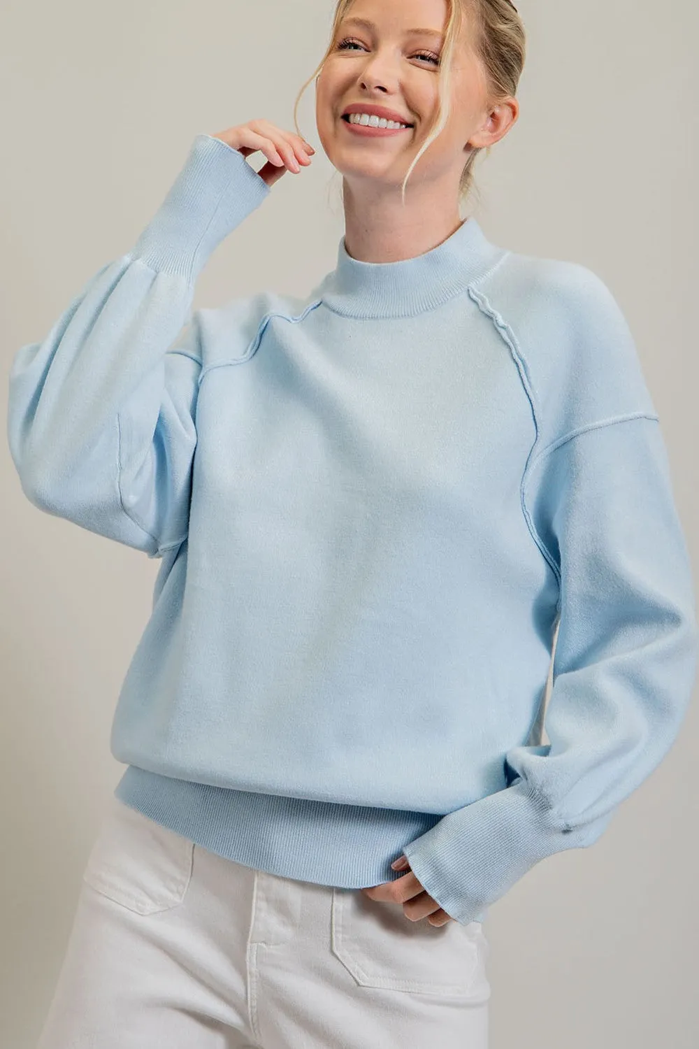 Light Blue Knit Long Sleeve Mock Neck Top sold by Pinkblush