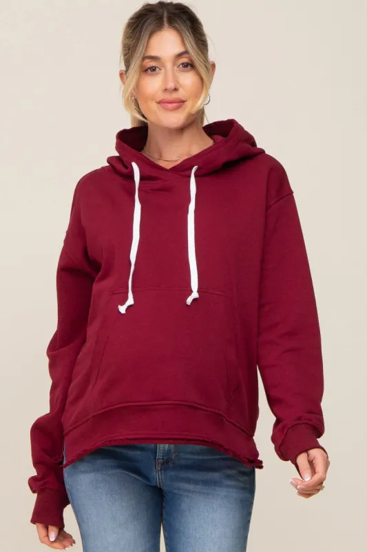 Burgundy Raw Edge Trim Maternity Drawstring Hoodie sold by Pinkblush