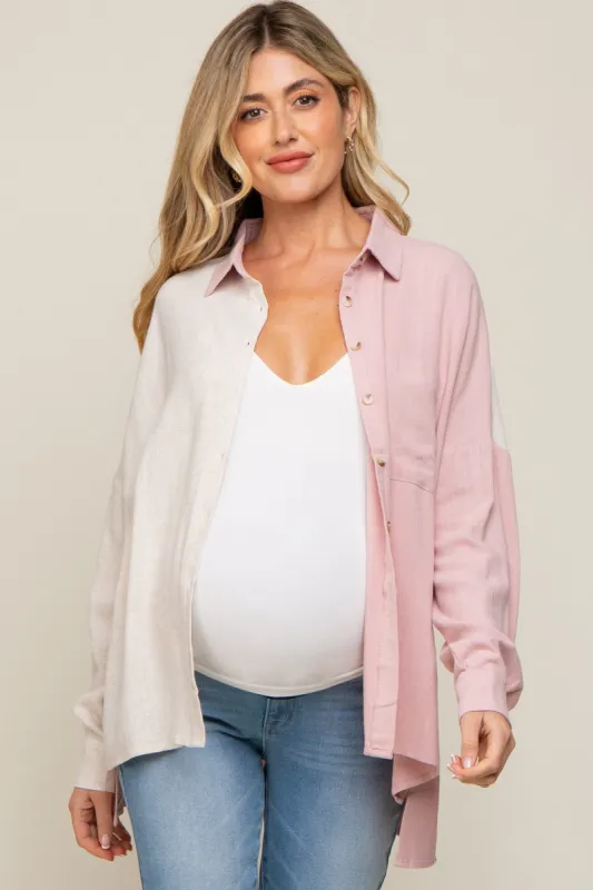 Light Pink Color Block Button Up Linen Maternity Top sold by Pinkblush