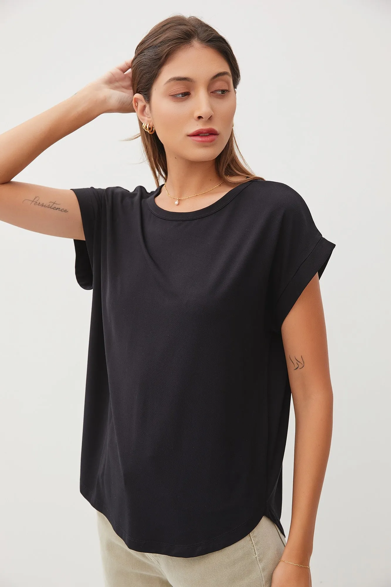 Black Rolled Cuff Sleeve Top sold by Pinkblush