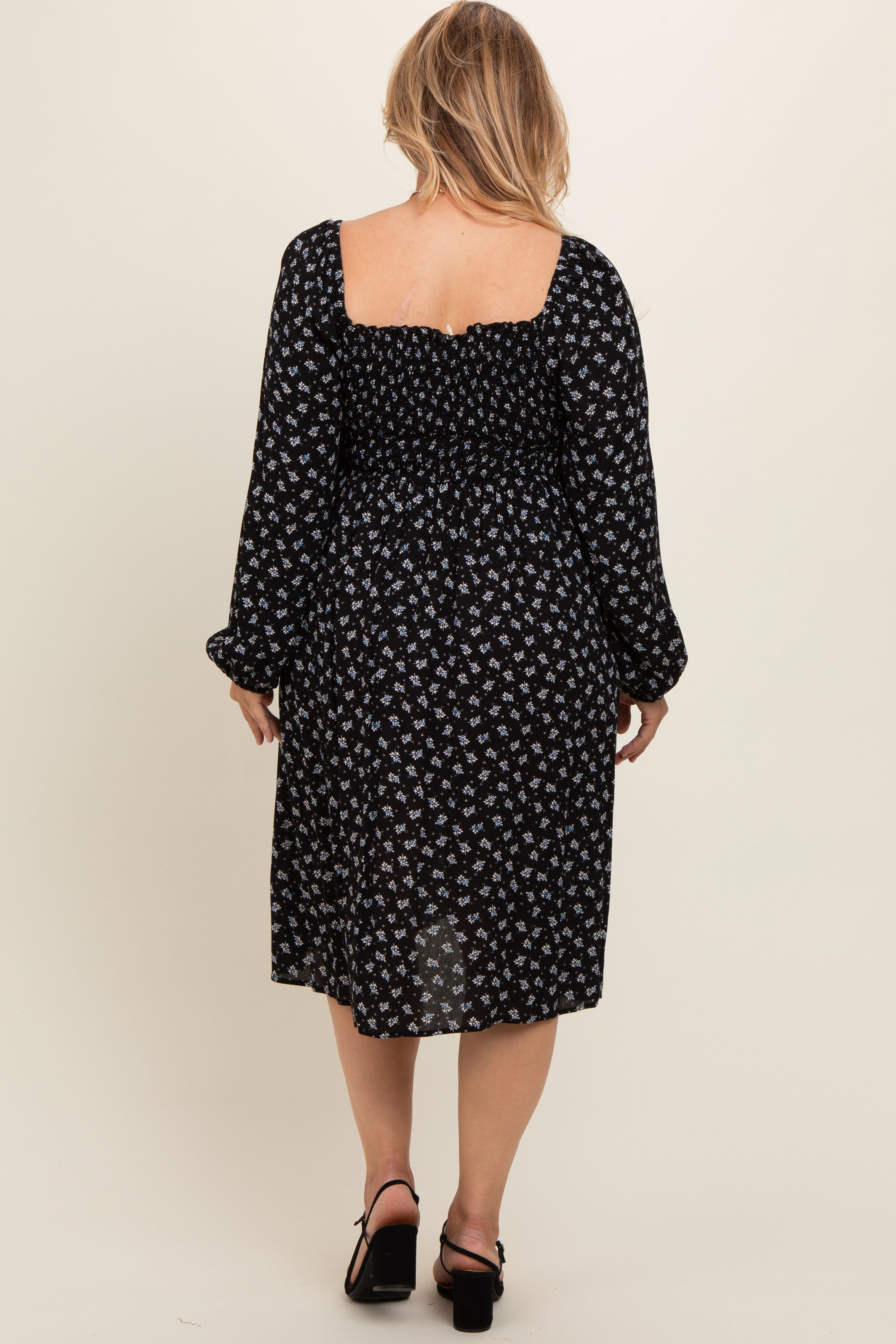 Black Floral Smocked Square Neck Plus Maternity Midi Dress sold by Pinkblush product image thumbnail 4
