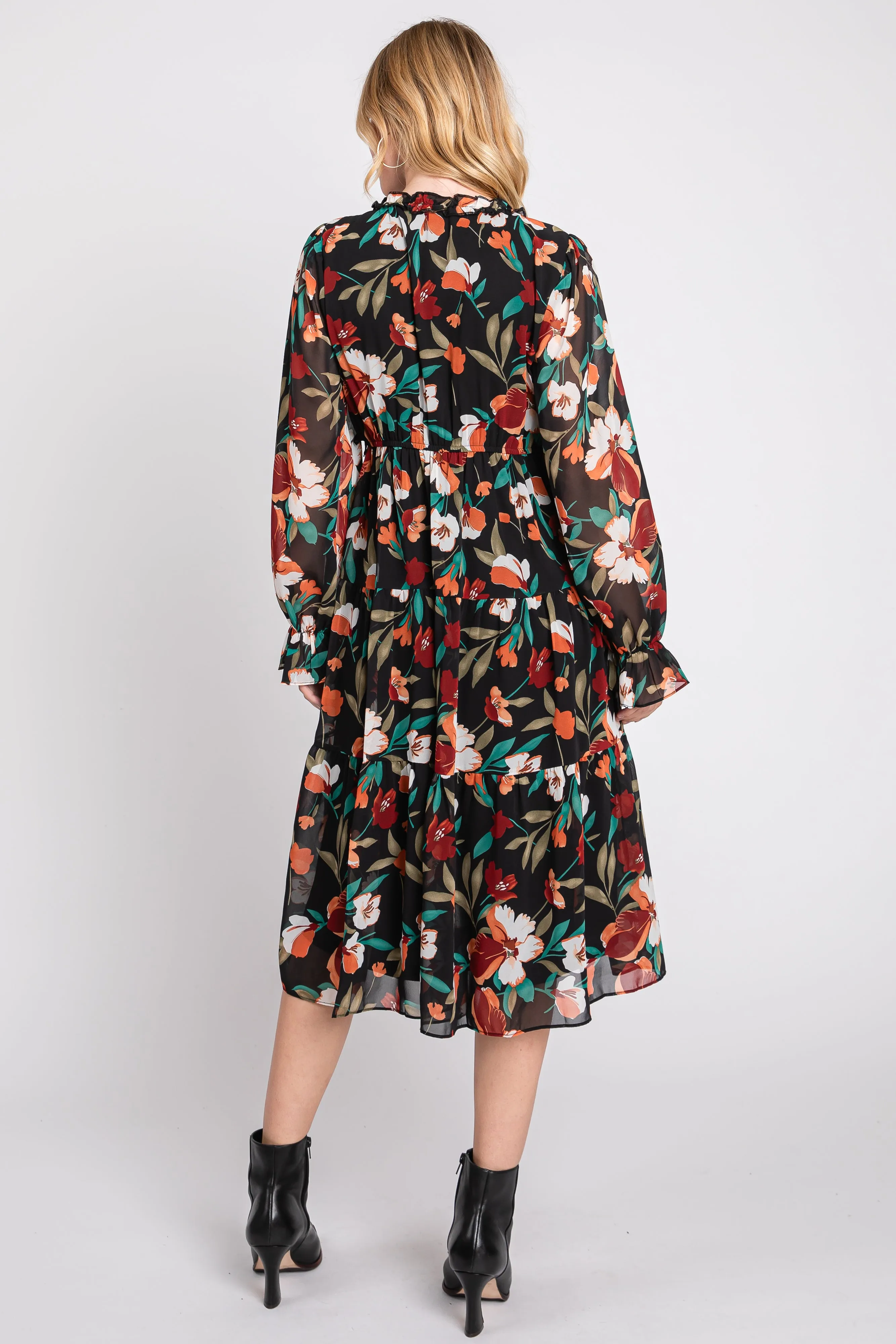 Black Floral Ruffle V-Neck Dress sold by Pinkblush product image thumbnail 3