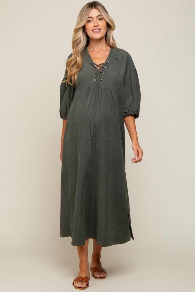 Forest Green Lace Up 3/4 Sleeve Side Slit Maternity Maxi Dress sold by Pinkblush product image thumbnail 4