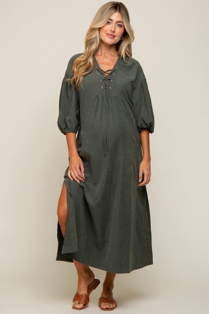 Forest Green Lace Up 3/4 Sleeve Side Slit Maternity Maxi Dress sold by Pinkblush