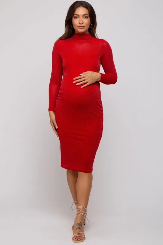 Red Shimmer Mesh Long Sleeve Maternity Dress sold by Pinkblush