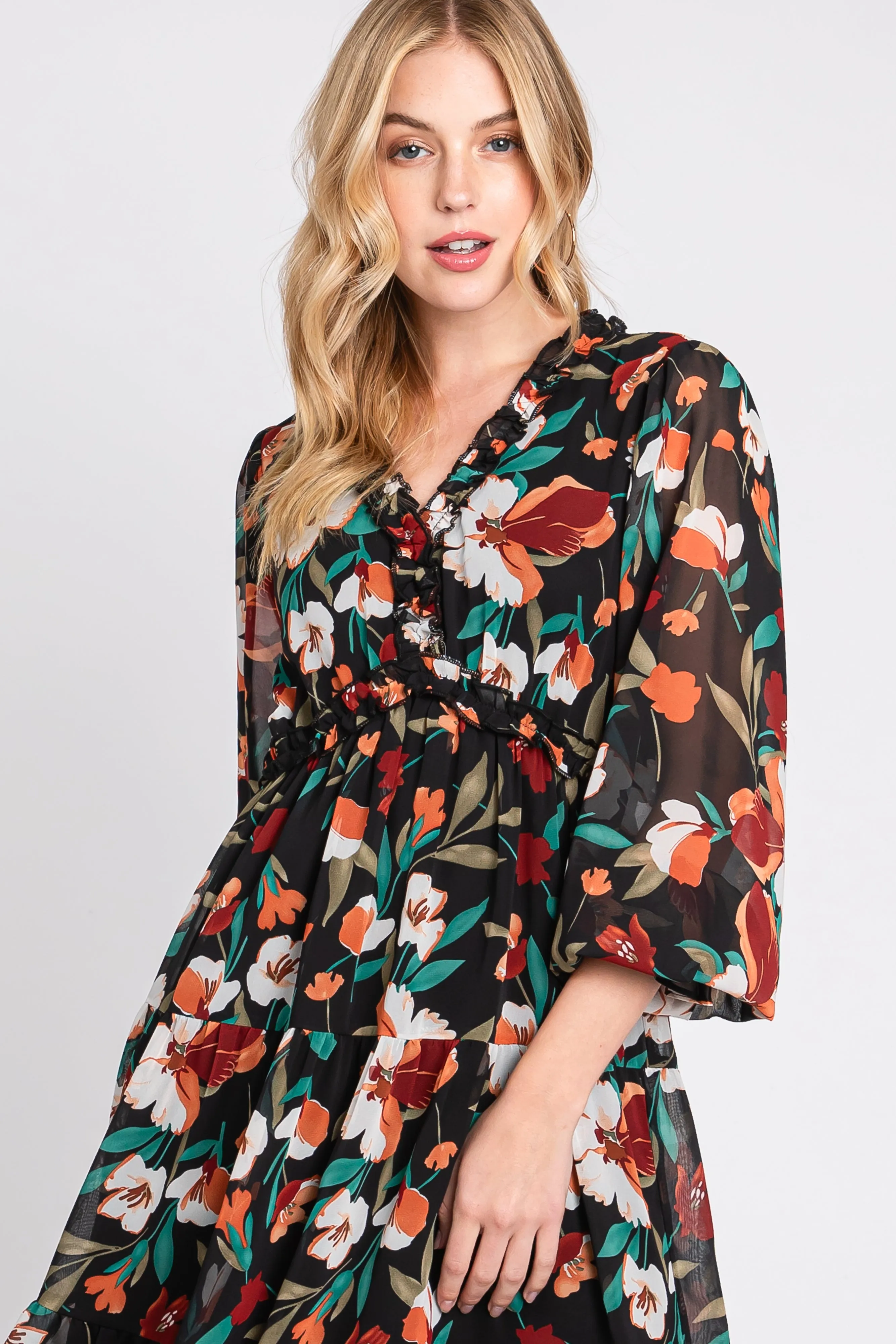 Black Floral Ruffle V-Neck Dress sold by Pinkblush product image thumbnail 4
