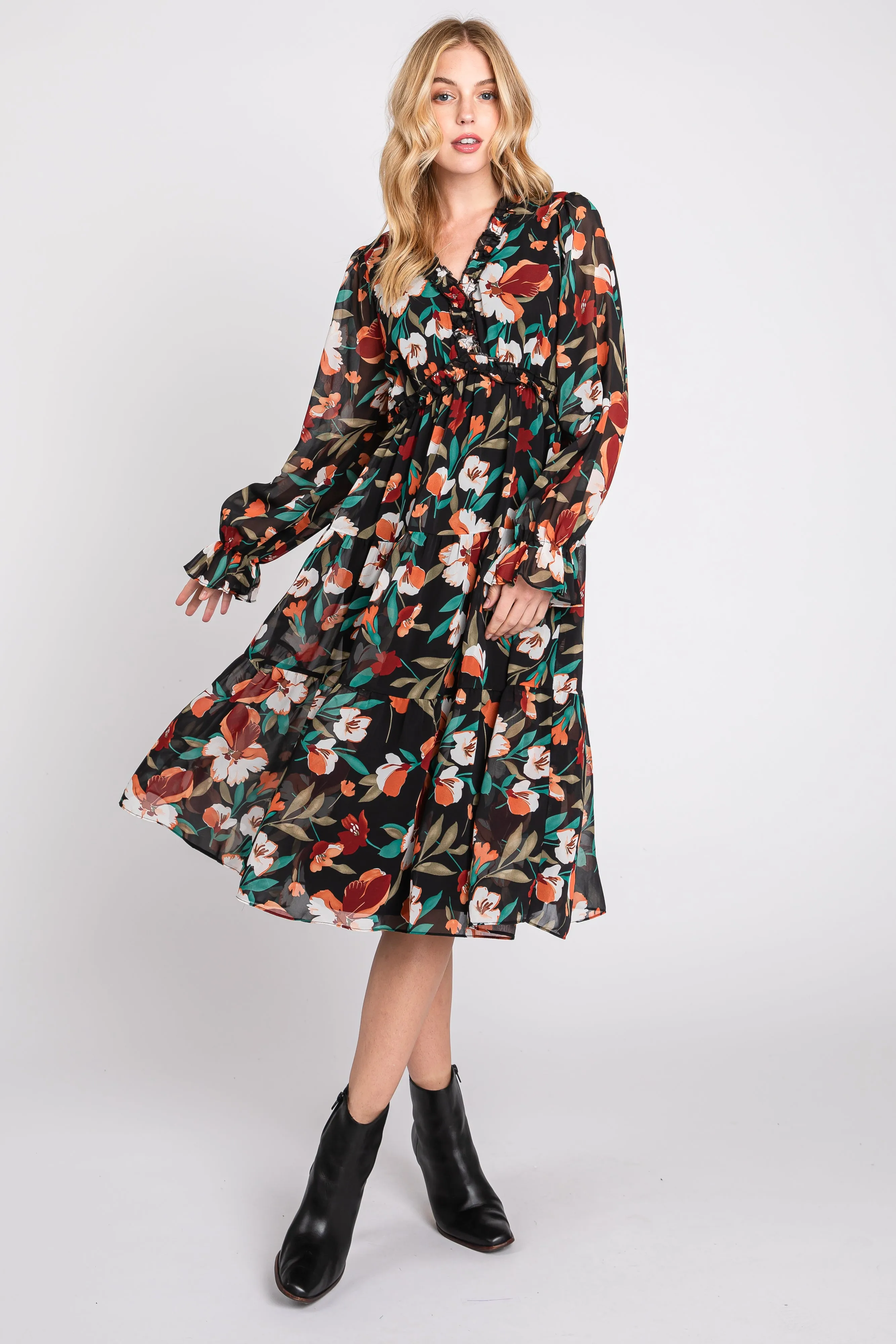 Black Floral Ruffle V-Neck Dress sold by Pinkblush