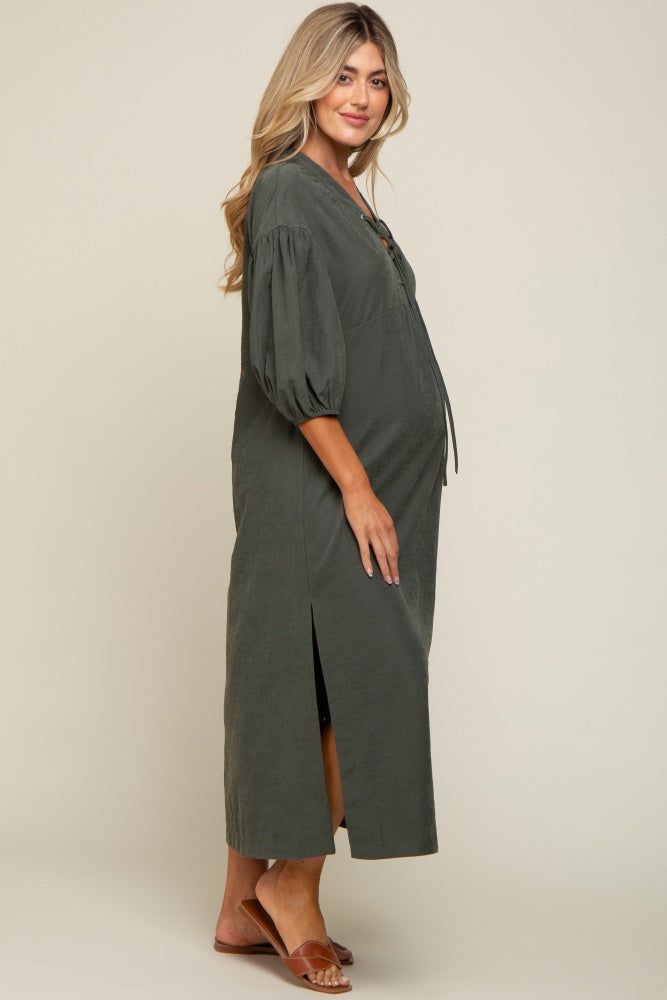 Forest Green Lace Up 3/4 Sleeve Side Slit Maternity Maxi Dress sold by Pinkblush product image thumbnail 2