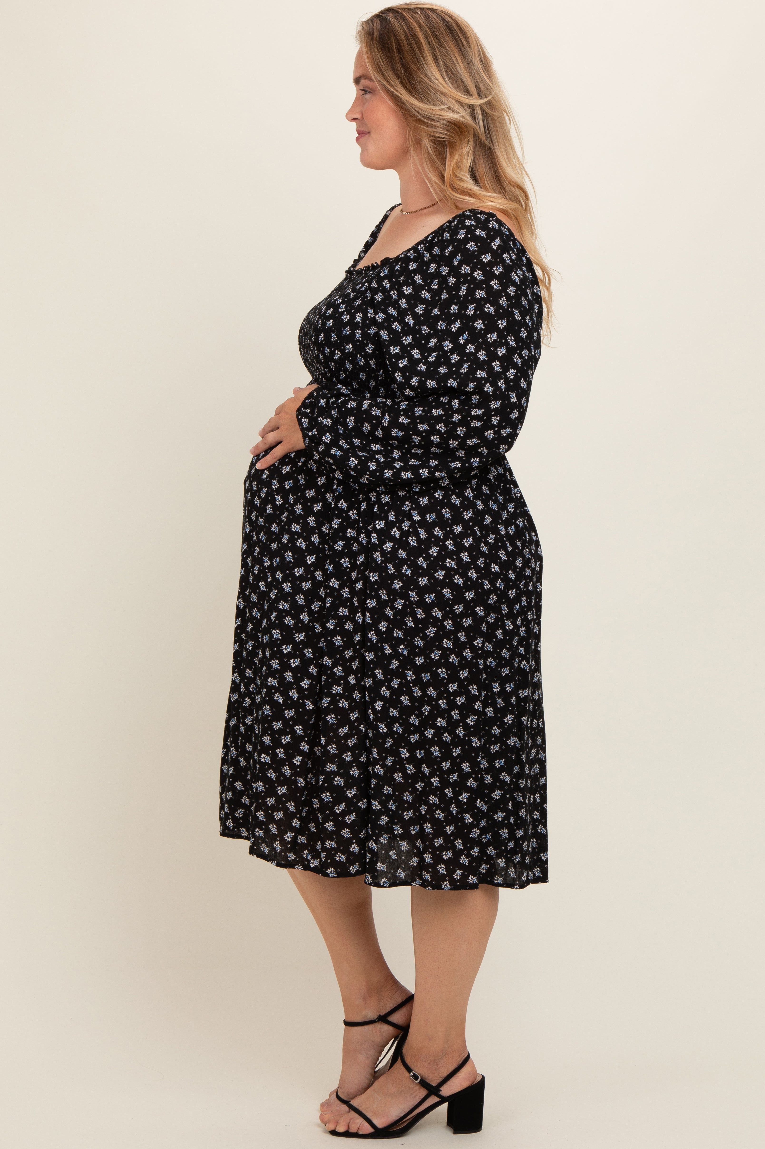 Black Floral Smocked Square Neck Plus Maternity Midi Dress sold by Pinkblush product image thumbnail 3