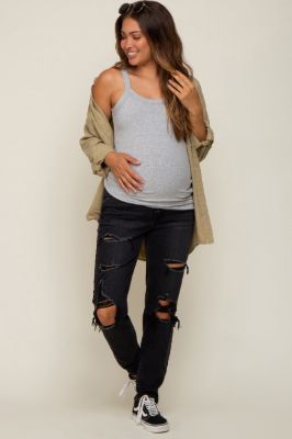 Black Distressed Straight Leg Maternity Jeans sold by Pinkblush