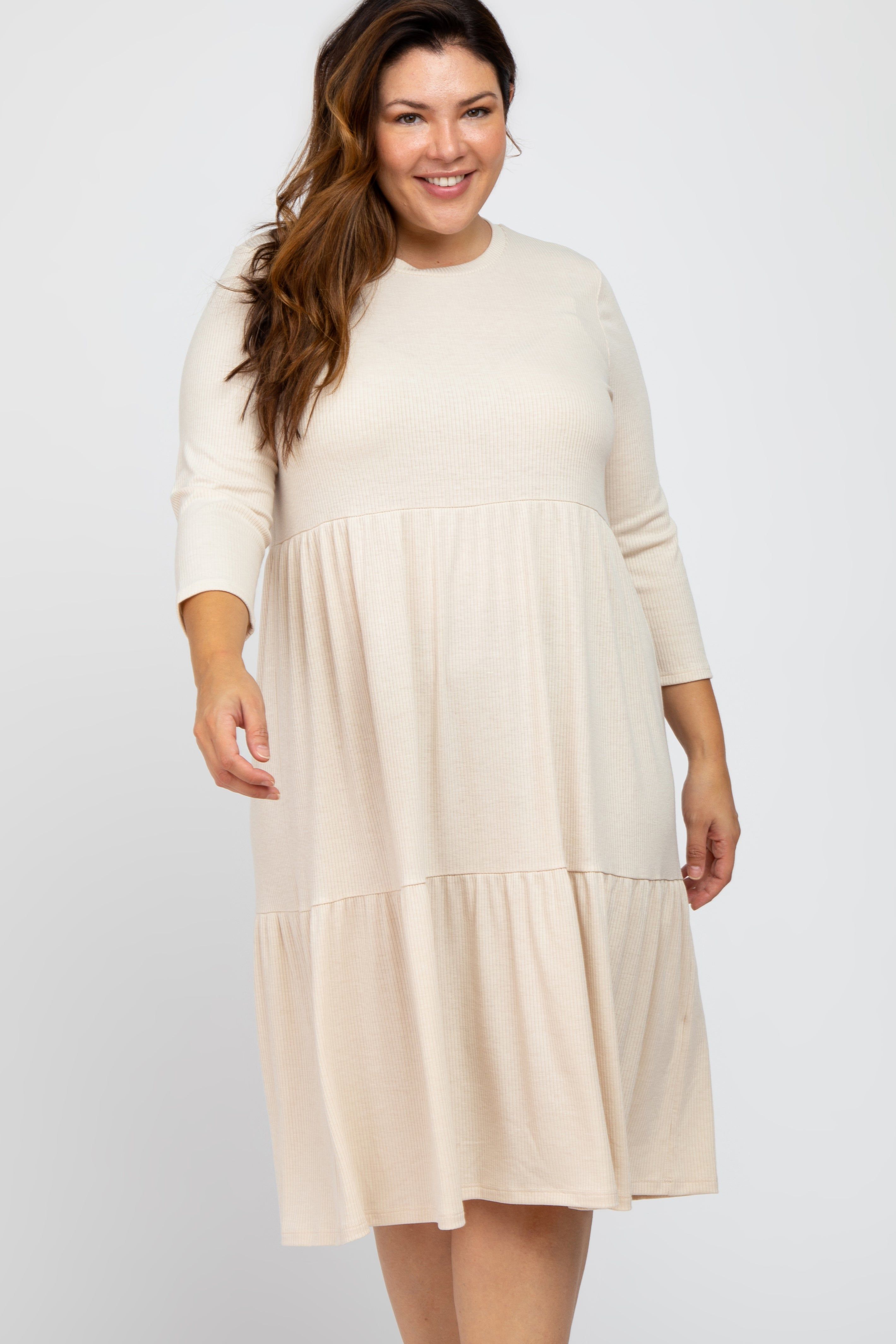Beige Tiered Ribbed 3/4 Sleeve Plus Midi Dress sold by Pinkblush product image thumbnail 4