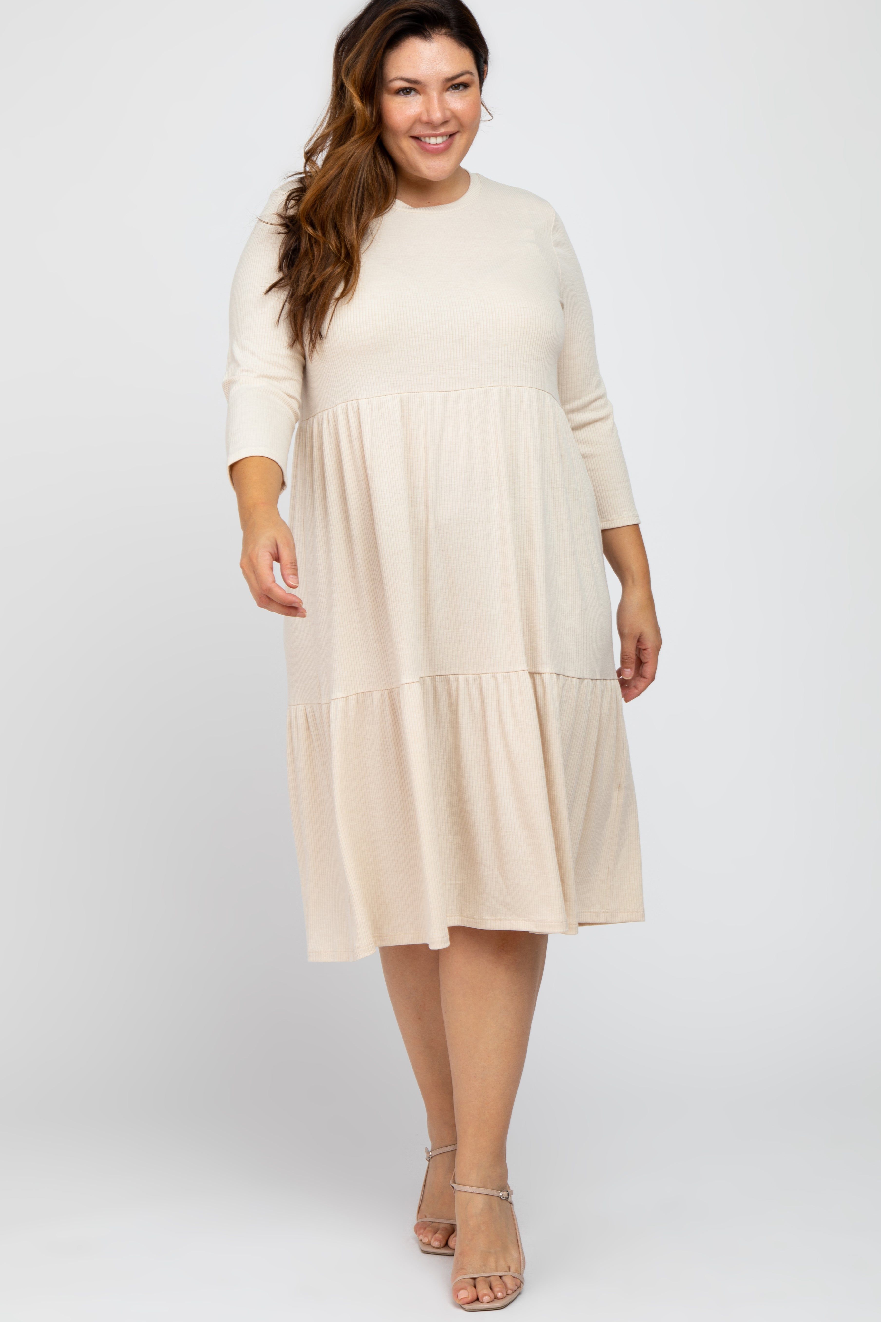 Beige Tiered Ribbed 3/4 Sleeve Plus Midi Dress sold by Pinkblush