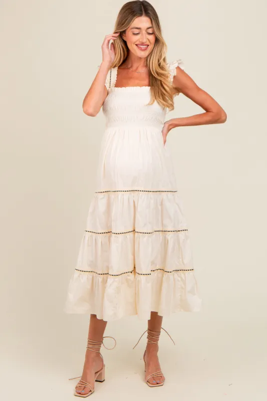 Ivory Smocked Tiered Maternity Maxi Dress sold by Pinkblush