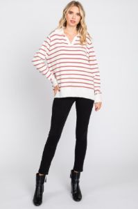 Rust Striped V-Neck Collared Sweater sold by Pinkblush