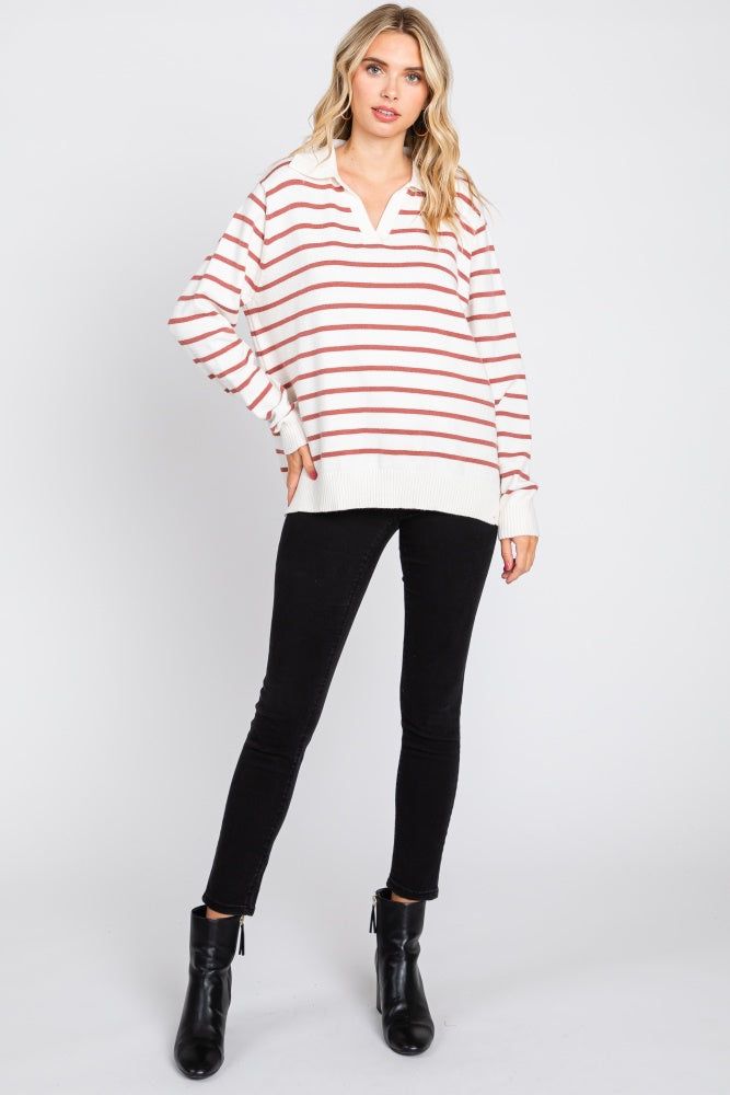 Rust Striped V-Neck Collared Sweater sold by Pinkblush product image thumbnail 5