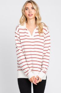 Rust Striped V-Neck Collared Sweater sold by Pinkblush