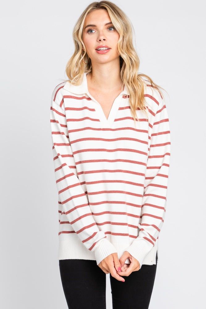 Rust Striped V-Neck Collared Sweater sold by Pinkblush product image thumbnail 2
