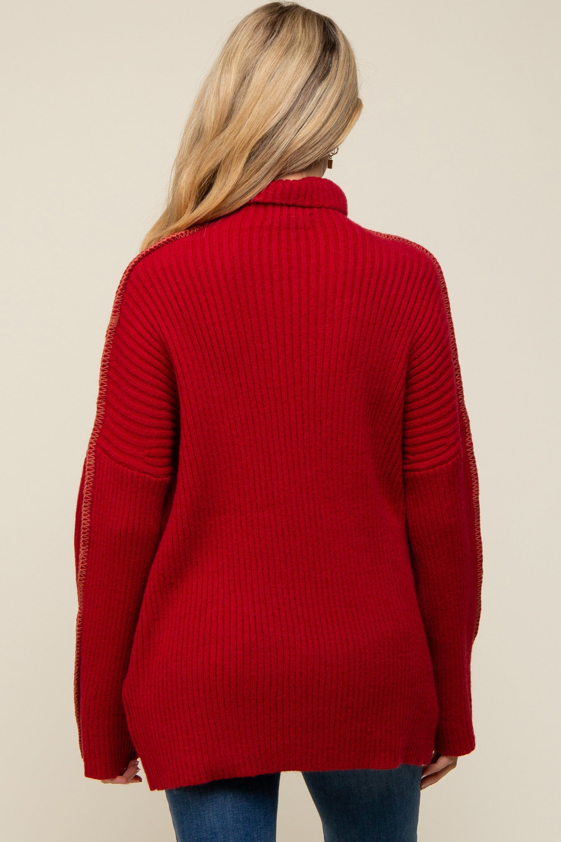 Red Contrast Stitch Turtleneck Maternity Sweater sold by Pinkblush product image thumbnail 3