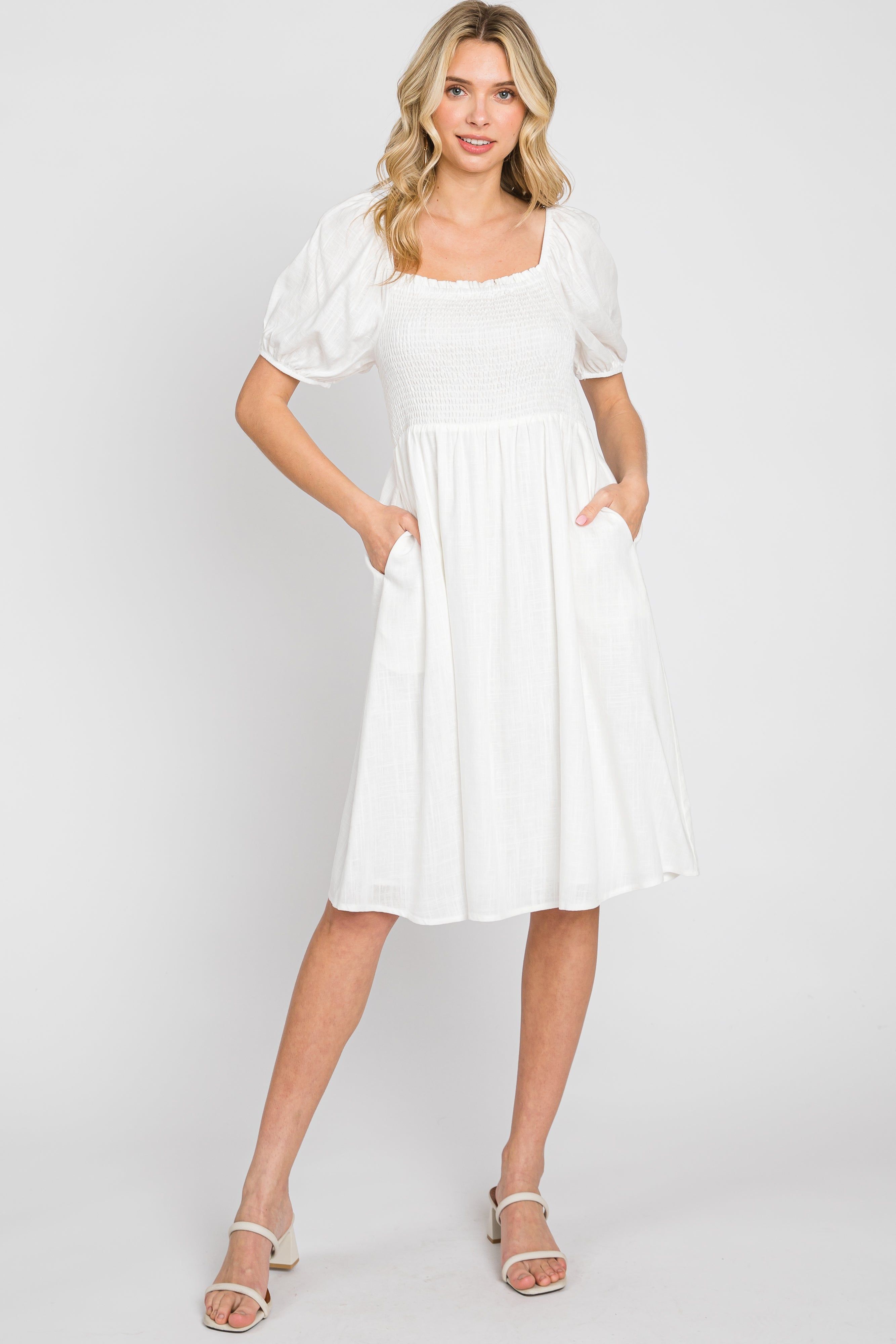 White Smocked Short Sleeve Linen Maternity Midi Dress sold by Pinkblush product image thumbnail 5