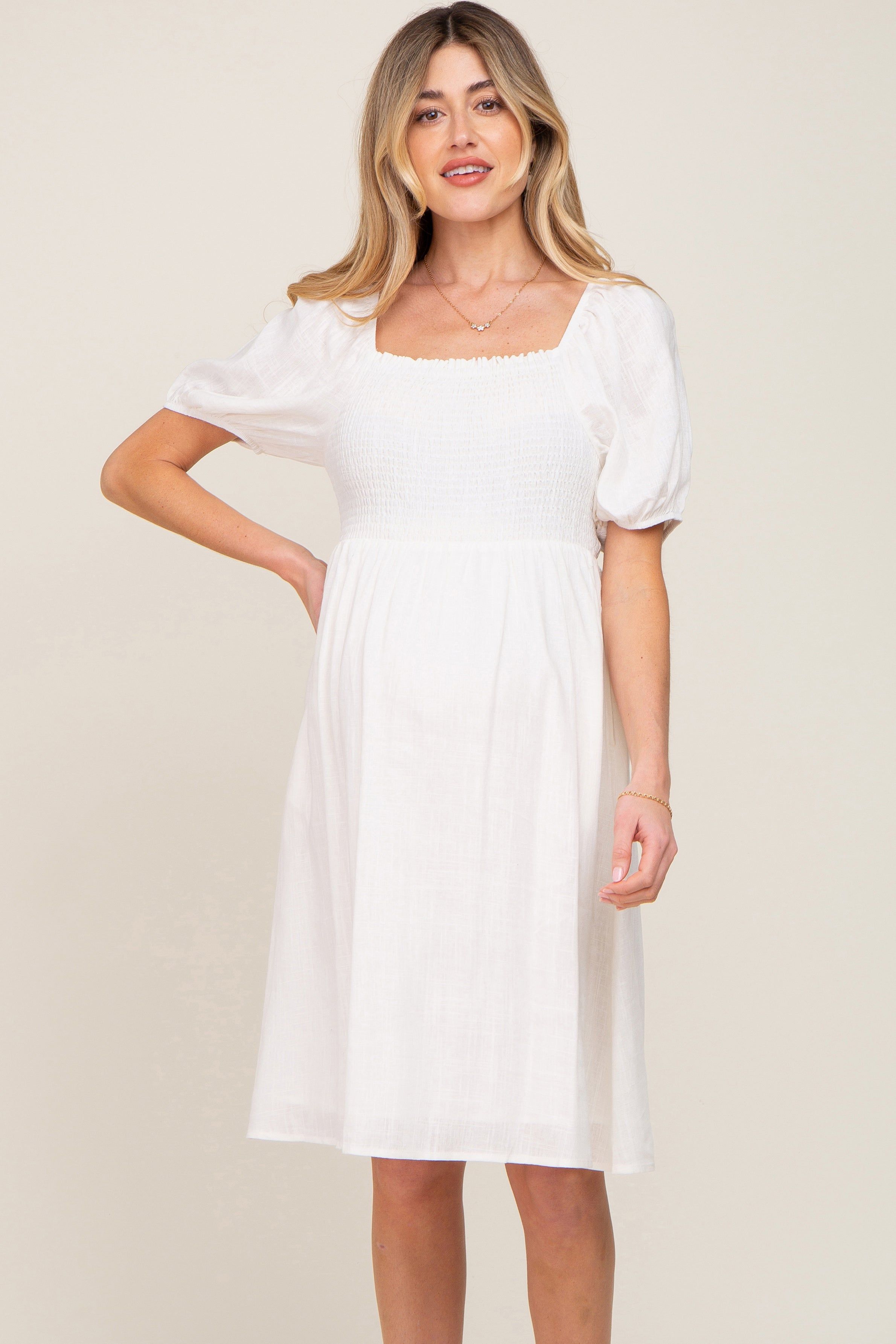 White Smocked Short Sleeve Linen Maternity Midi Dress sold by Pinkblush product image thumbnail 2