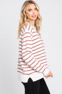 Rust Striped V-Neck Collared Sweater sold by Pinkblush