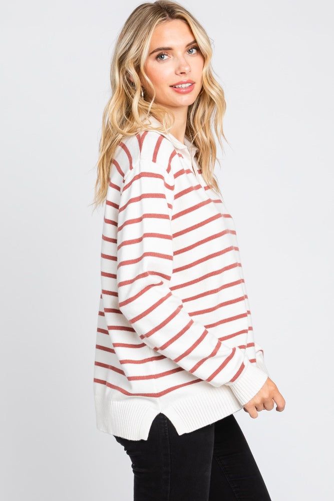 Rust Striped V-Neck Collared Sweater sold by Pinkblush product image thumbnail 3