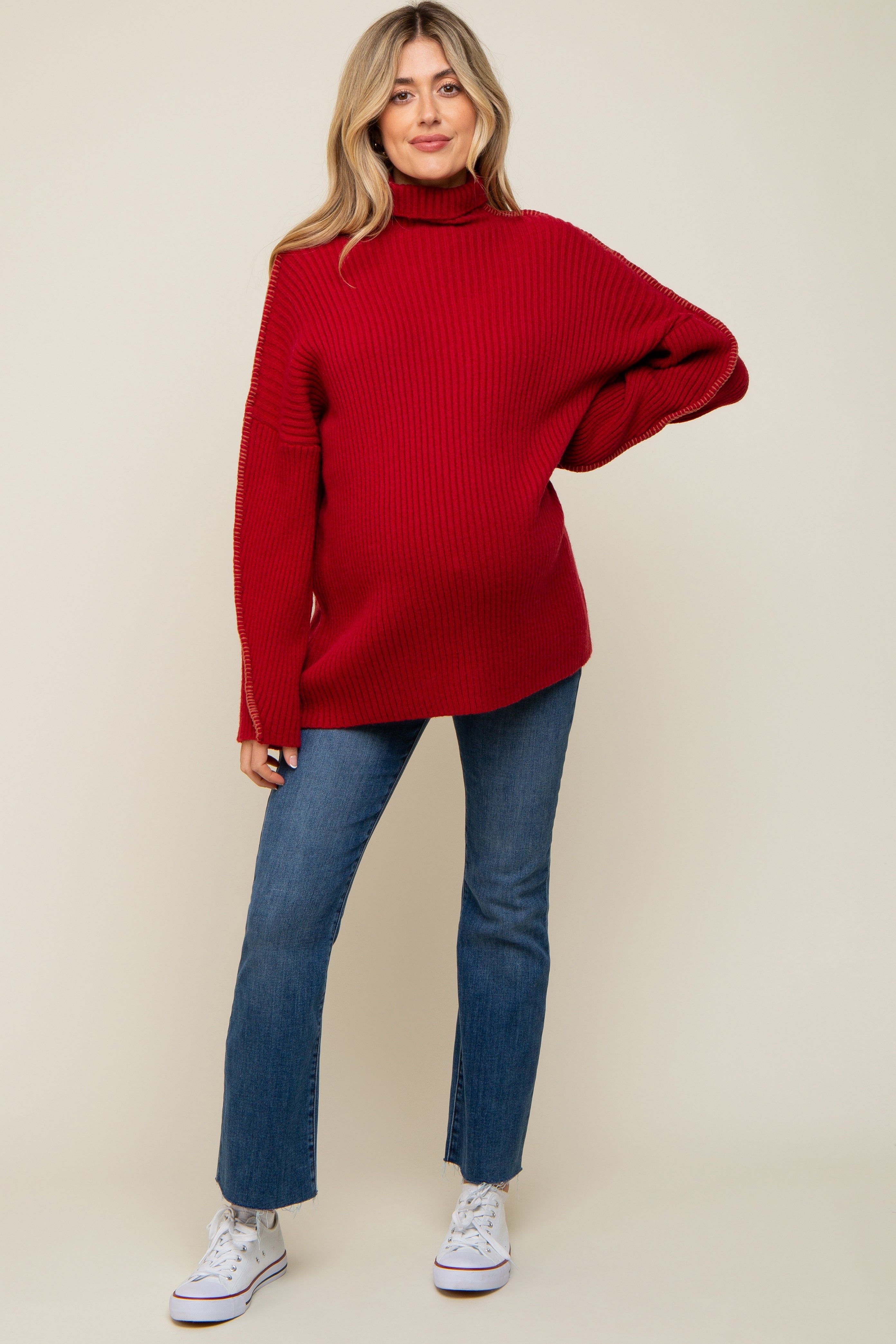 Red Contrast Stitch Turtleneck Maternity Sweater sold by Pinkblush product image thumbnail 4