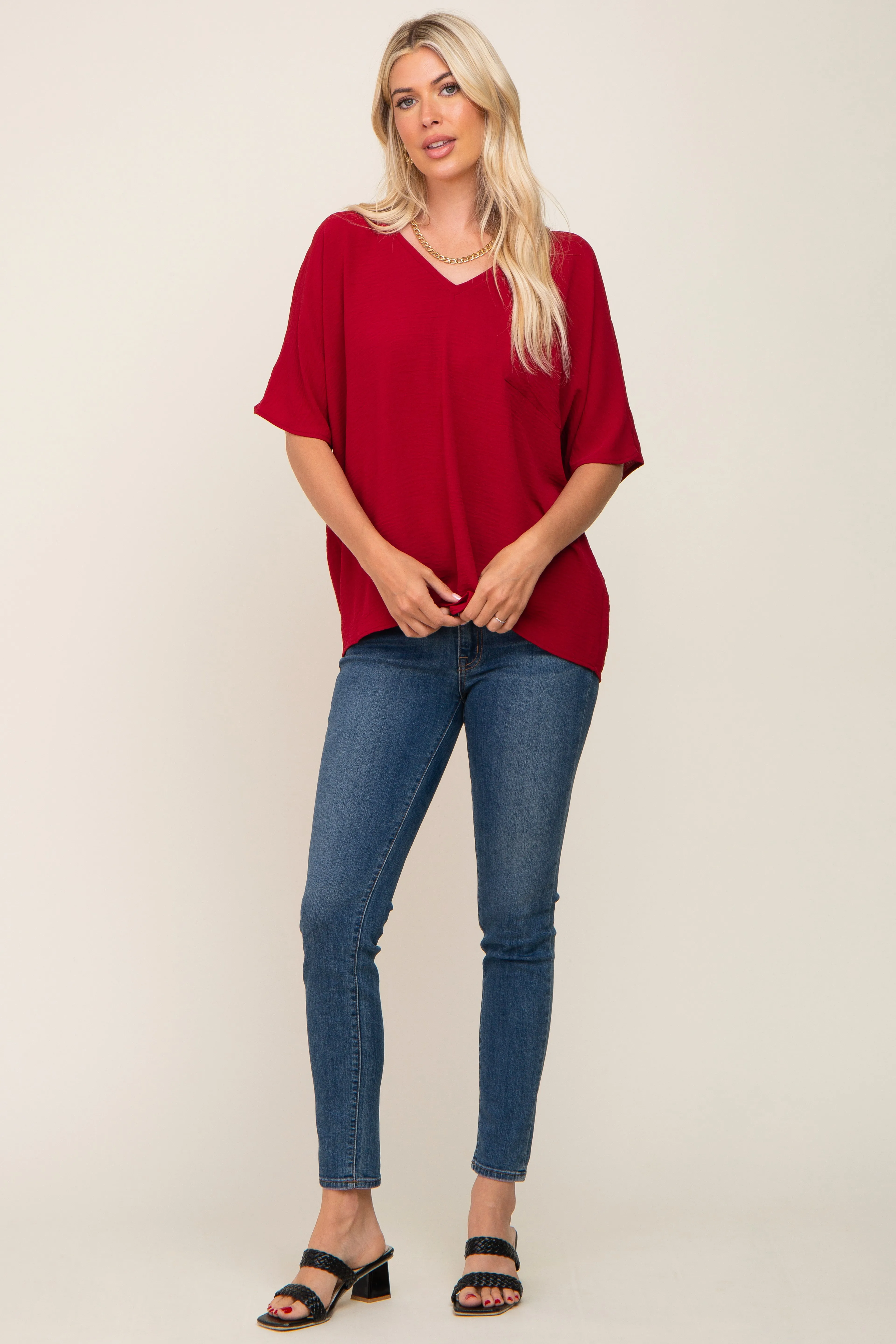Red Oversized V-Neck Pocket Front Blouse sold by Pinkblush product image thumbnail 4