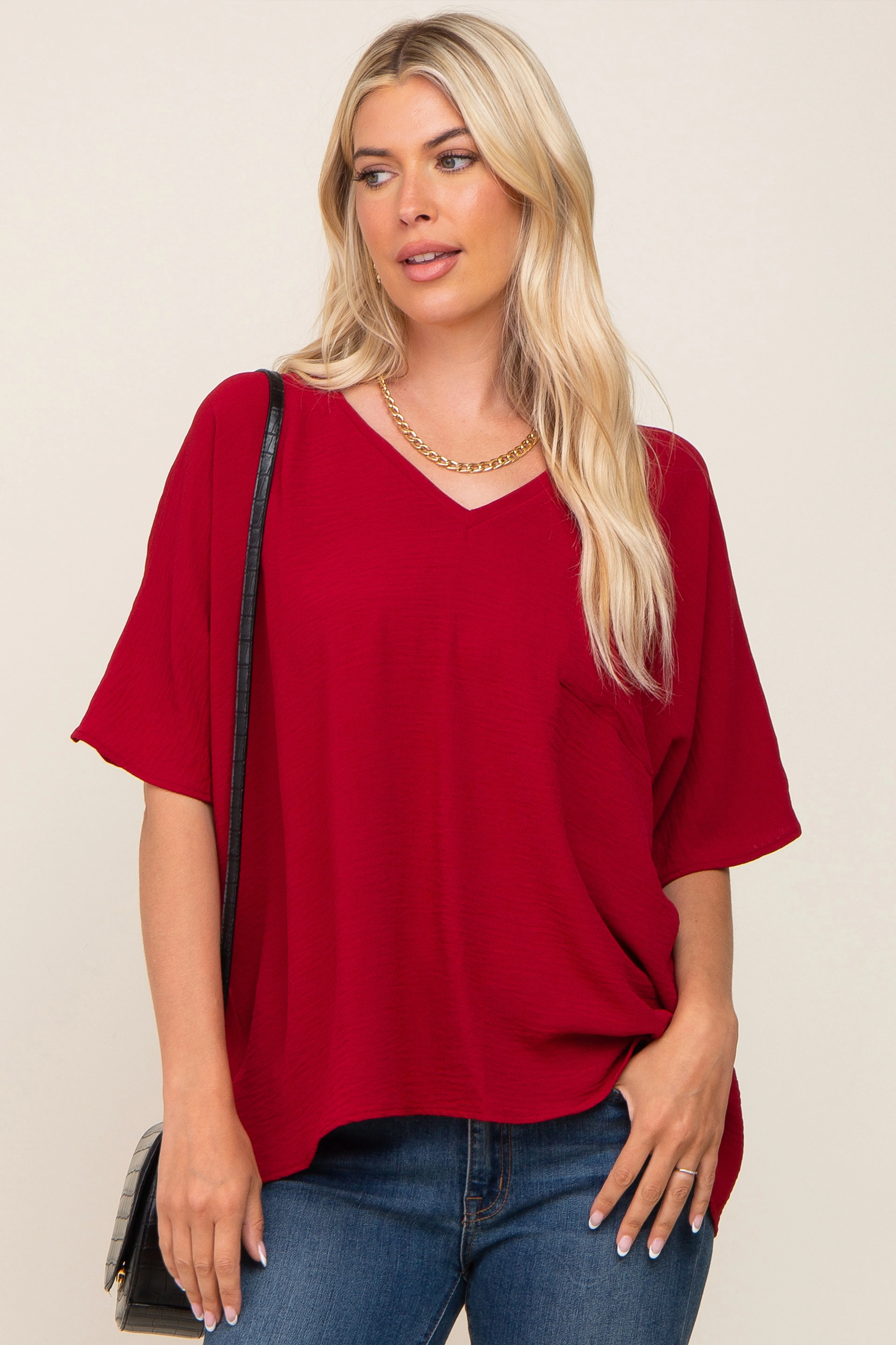 Red Oversized V-Neck Pocket Front Blouse sold by Pinkblush