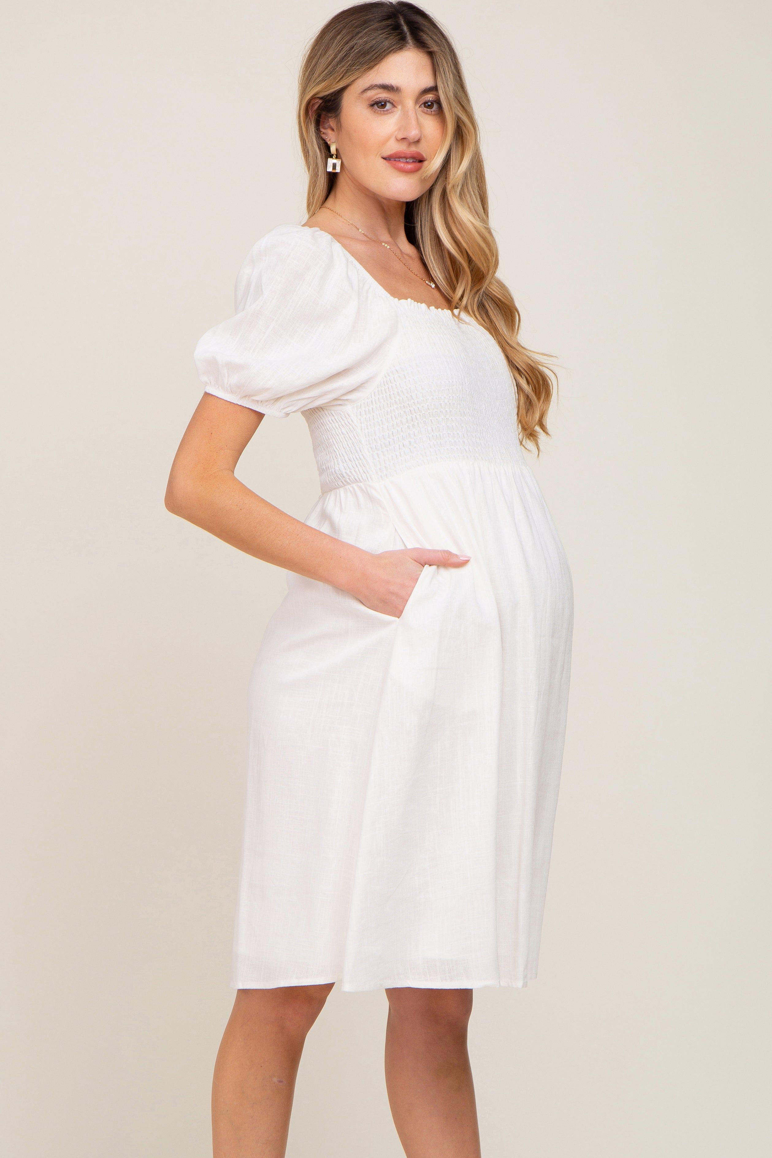 White Smocked Short Sleeve Linen Maternity Midi Dress sold by Pinkblush product image thumbnail 3