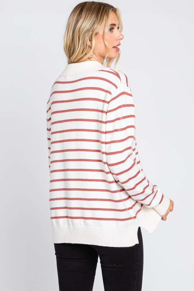 Rust Striped V-Neck Collared Sweater sold by Pinkblush product image thumbnail 4