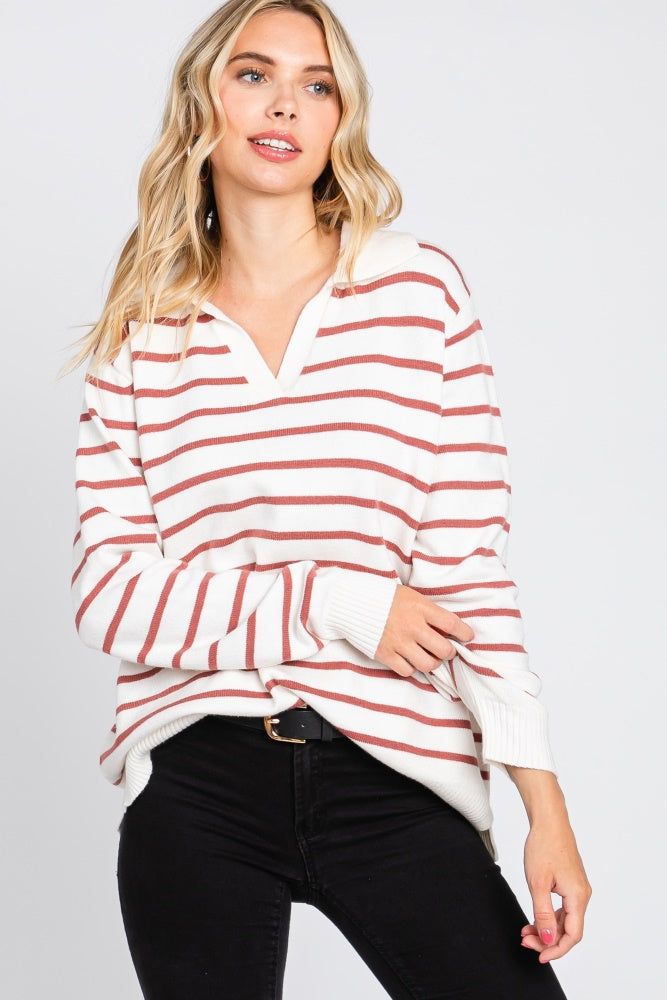 Rust Striped V-Neck Collared Sweater sold by Pinkblush
