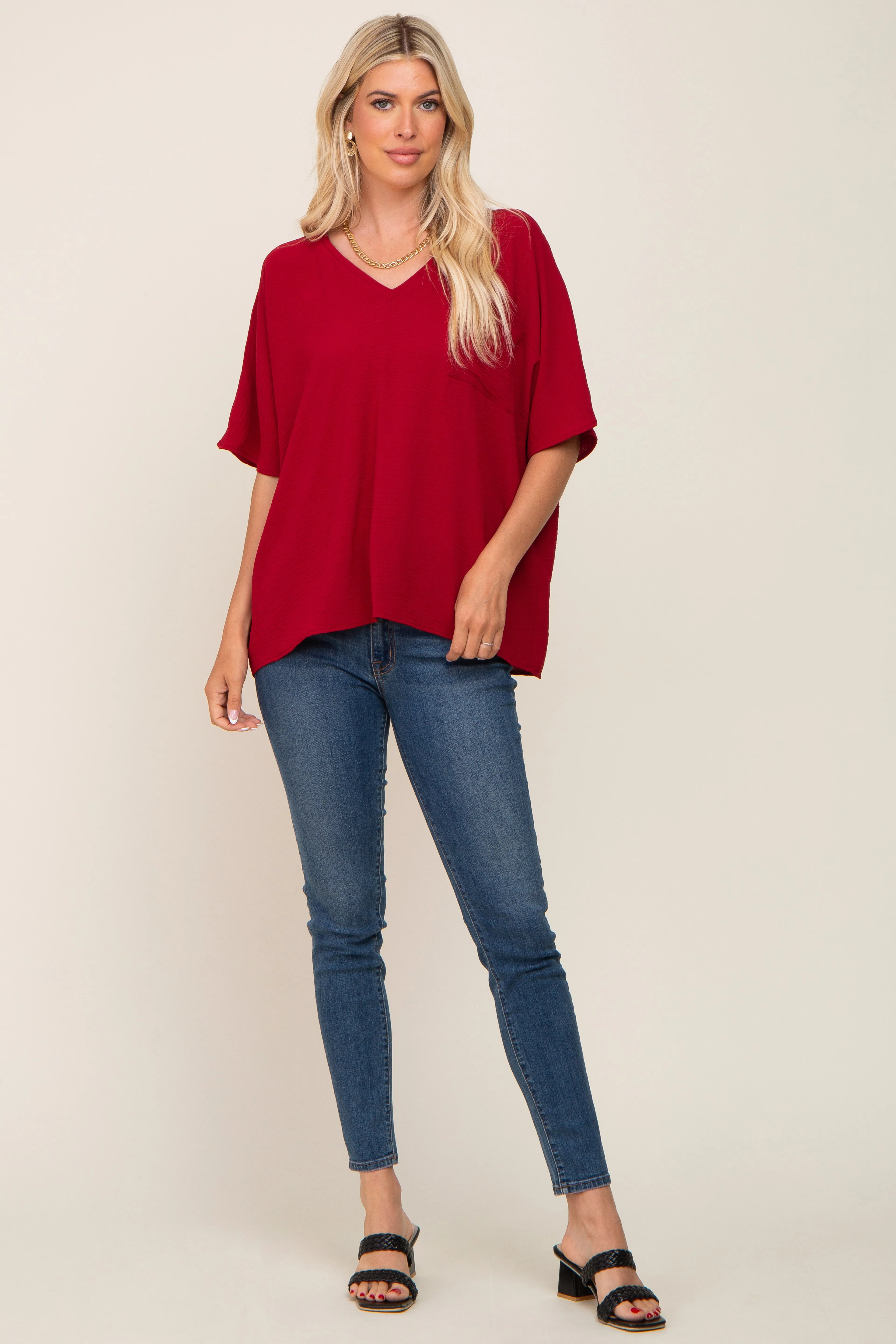 Red Oversized V-Neck Pocket Front Blouse sold by Pinkblush product image thumbnail 5