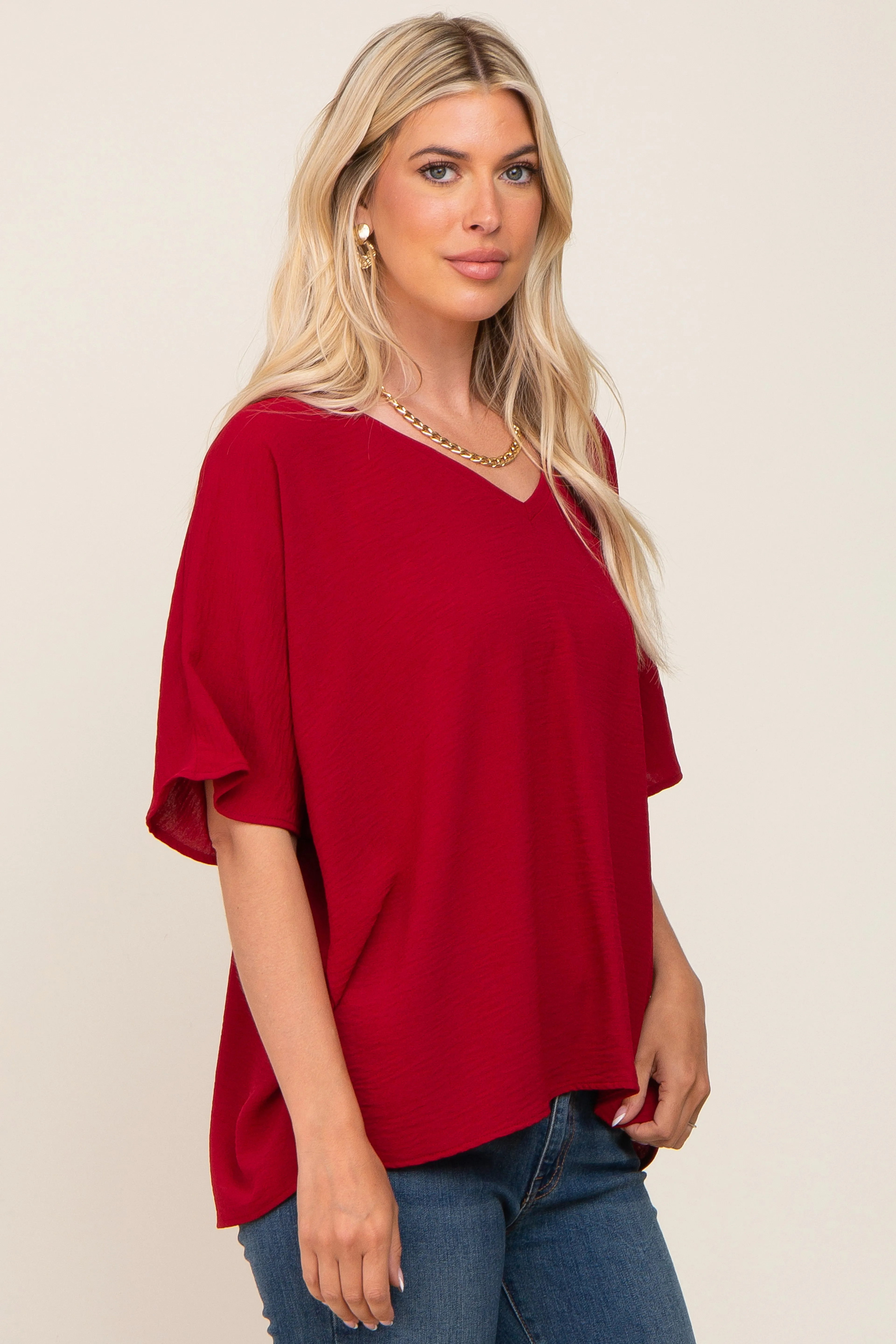 Red Oversized V-Neck Pocket Front Blouse sold by Pinkblush product image thumbnail 2