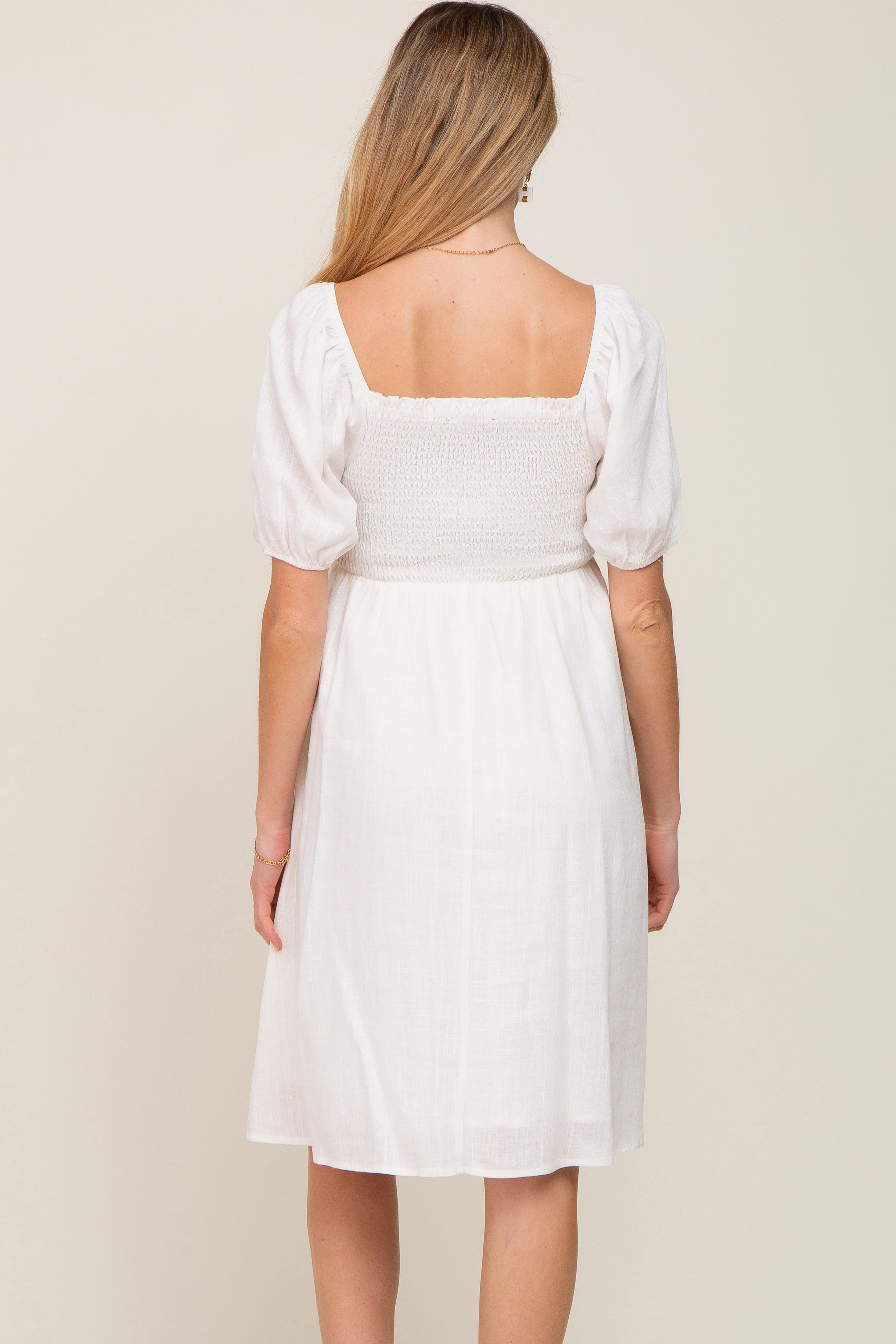 White Smocked Short Sleeve Linen Maternity Midi Dress sold by Pinkblush product image thumbnail 4