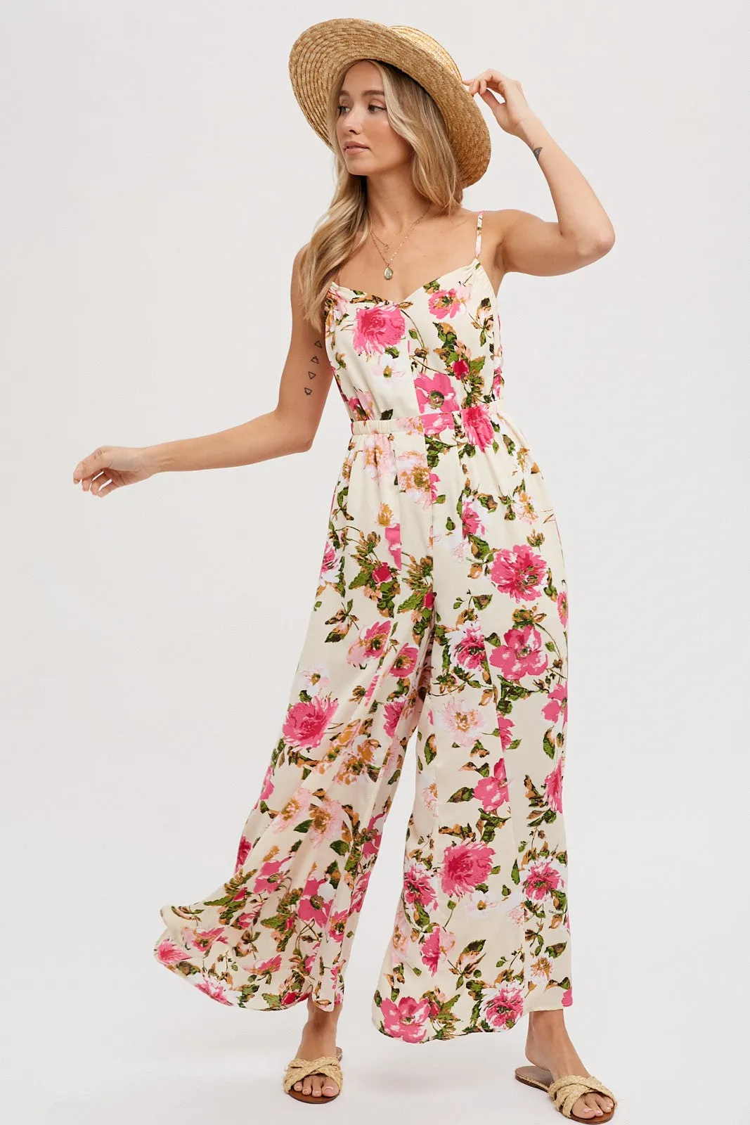 Cream Open Back Floral Print Sleeveless Jumpsuit sold by Pinkblush