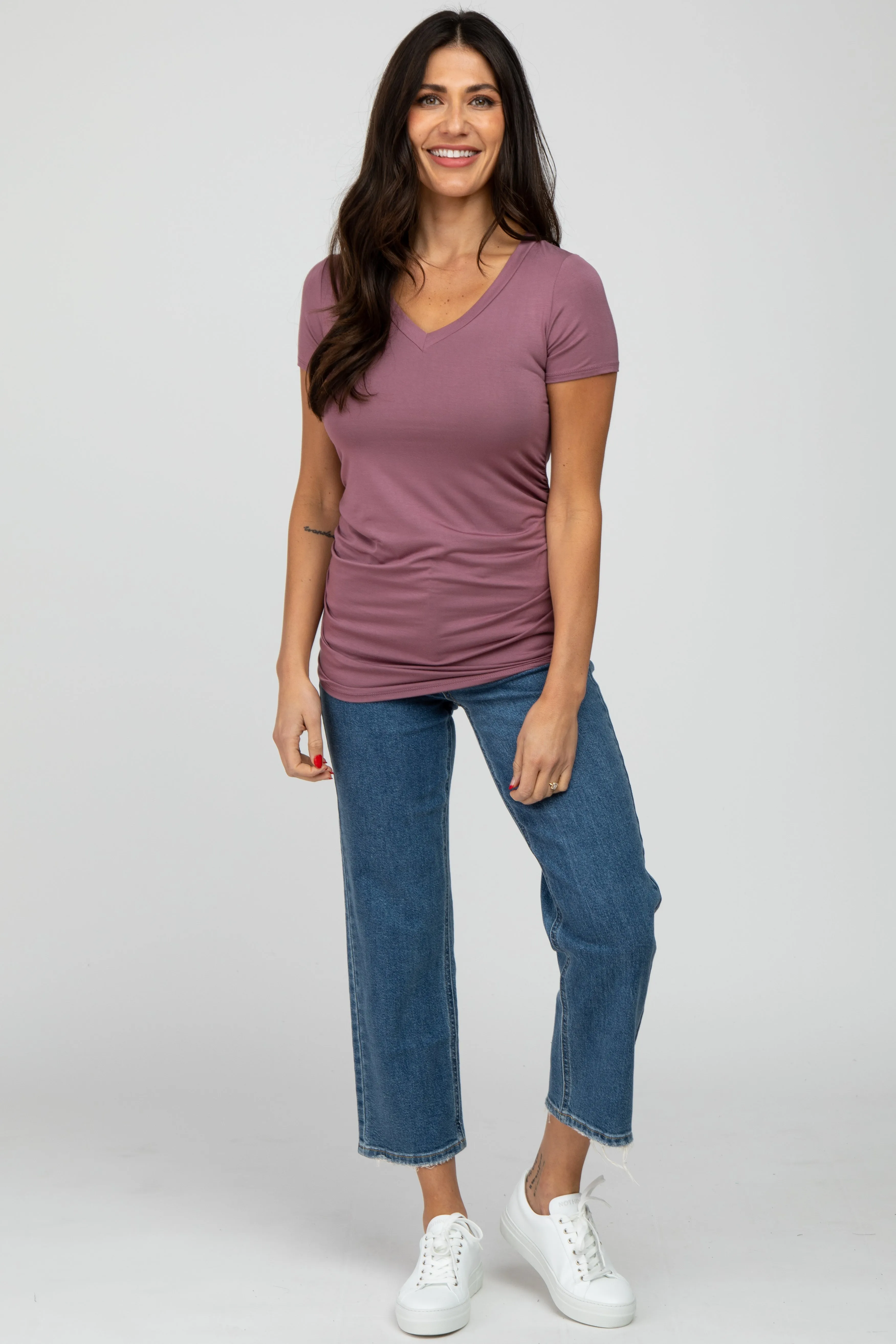 Mauve V-Neck Ruched Side Top sold by Pinkblush product image thumbnail 4
