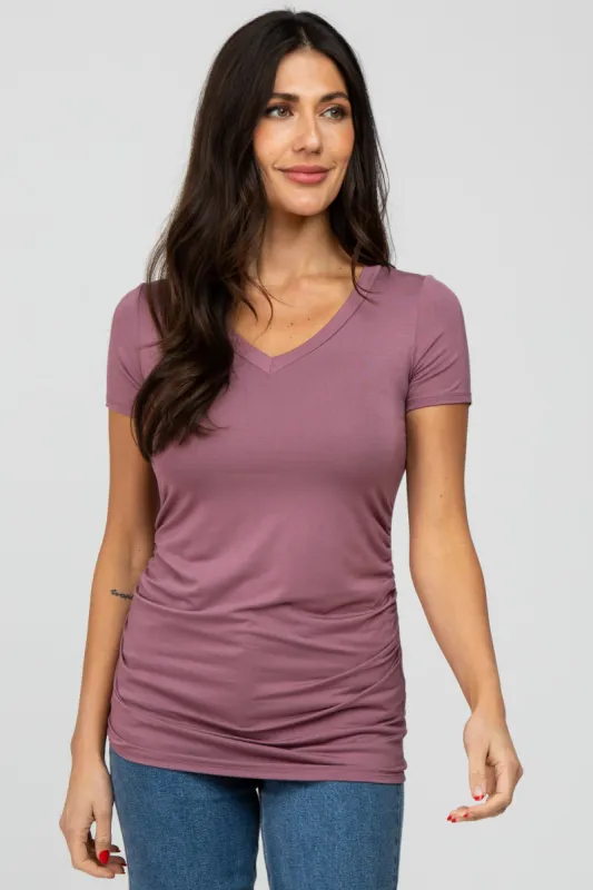 Mauve V-Neck Ruched Side Top sold by Pinkblush