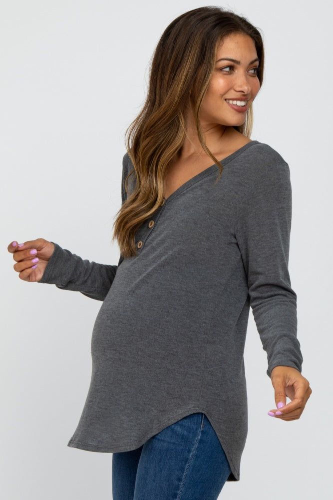 Charcoal Soft Button Front Round Hem Maternity Top sold by Pinkblush product image thumbnail 2