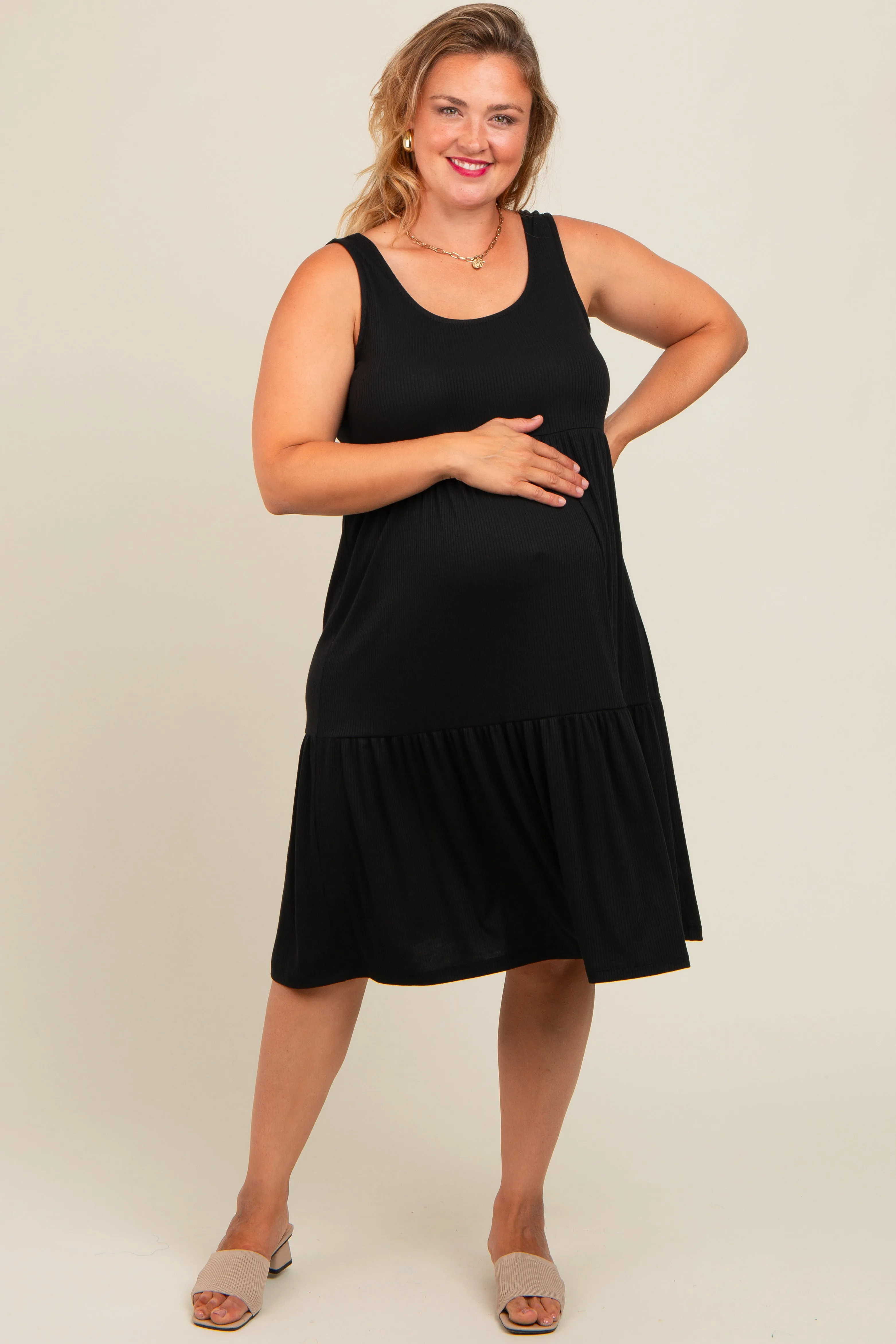 Black Tiered Sleeveless Maternity Plus Midi Dress sold by Pinkblush