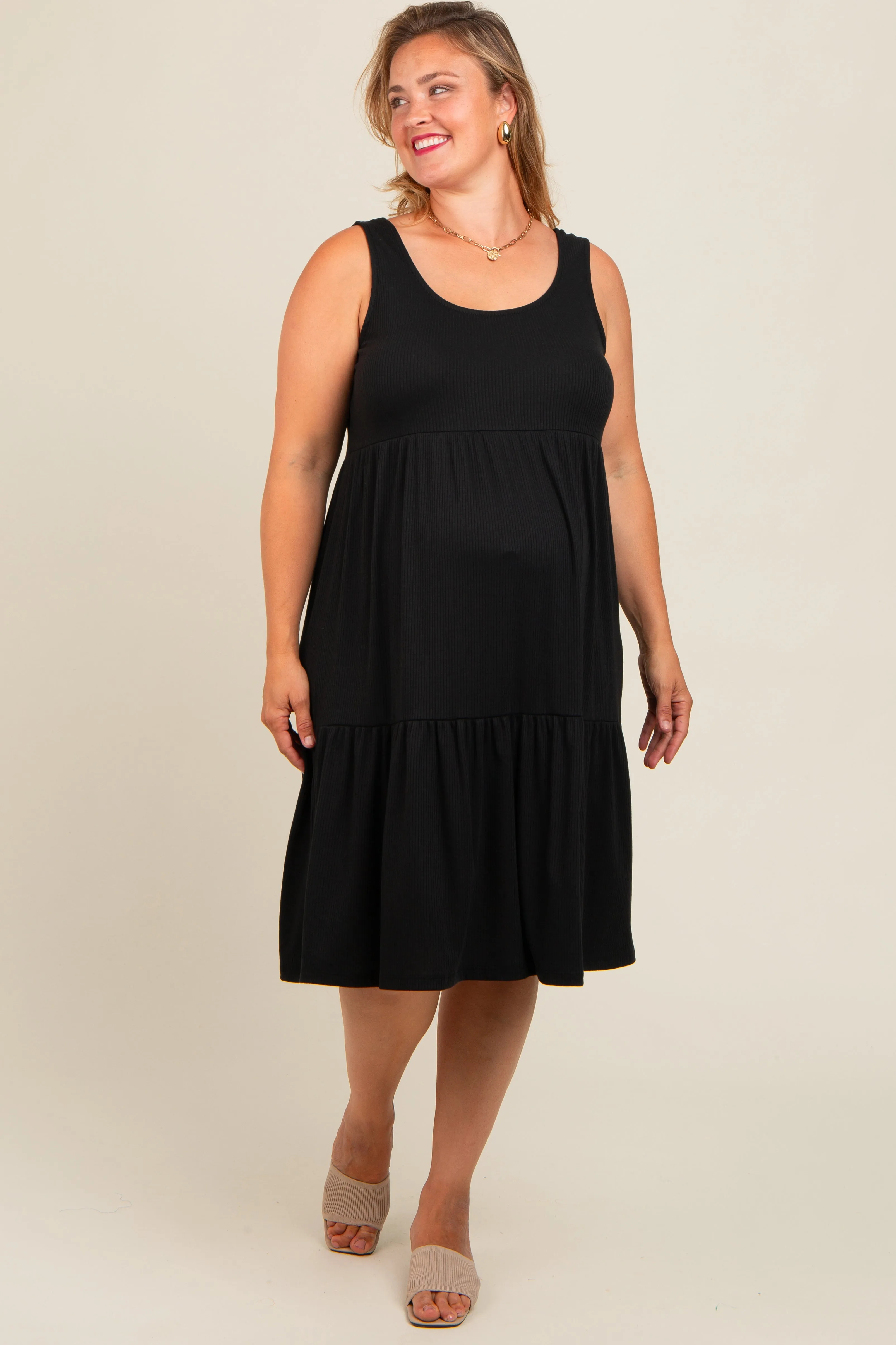 Black Tiered Sleeveless Maternity Plus Midi Dress sold by Pinkblush product image thumbnail 2